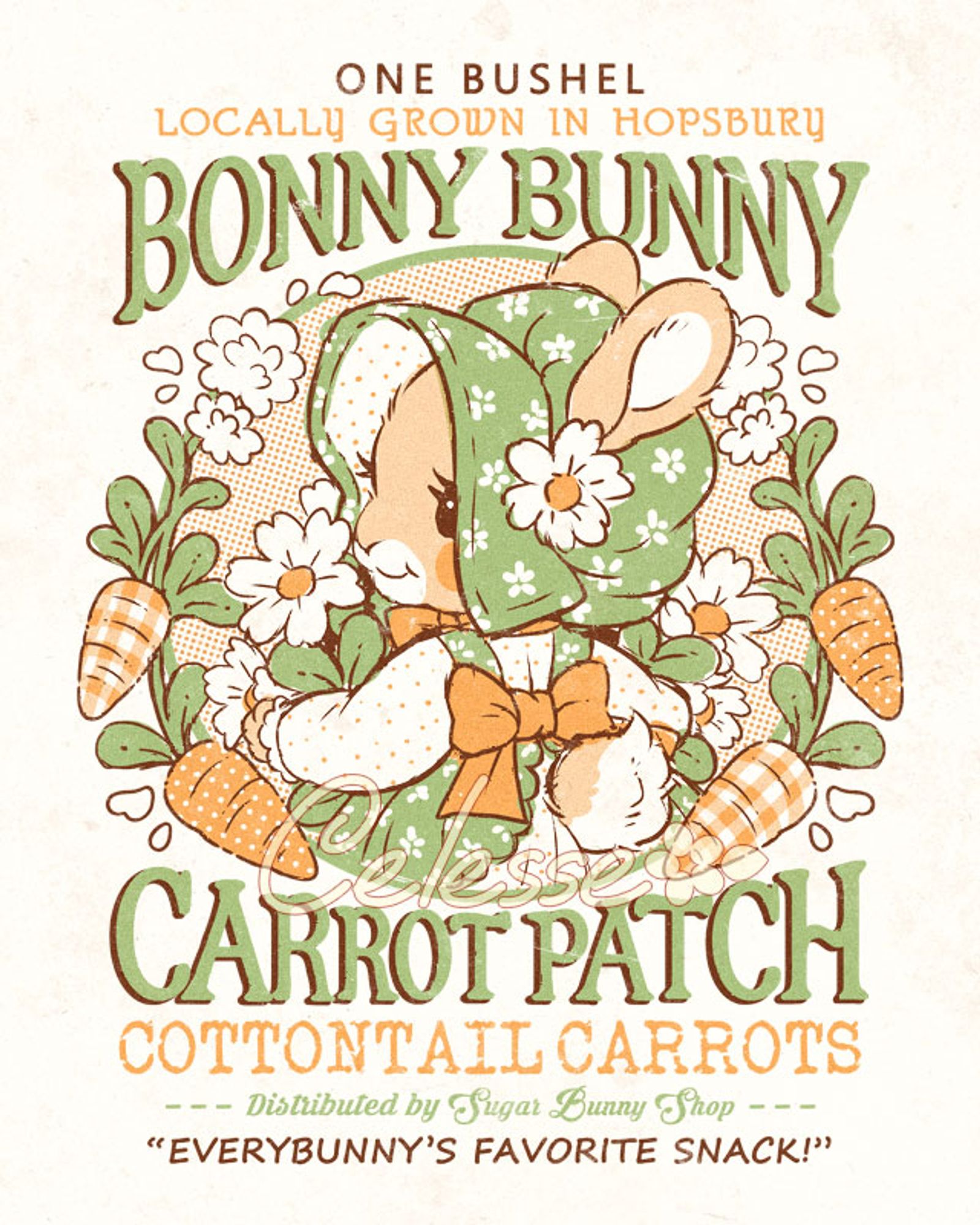 A drawing of a vintage-style logo for Bonny Bunny Carrot Patch. The center image features a rabbit in a floral dress and bonnet facing away but looking over her shoulder, a bundle of flowers in her arms and patterened carrots surrounding her. The text reads "One bushel, Locally grown in Hopsbury, Cottontail Carrots, Distributed by Sugar Bunny Shop, Everybunny's favorite snack!"