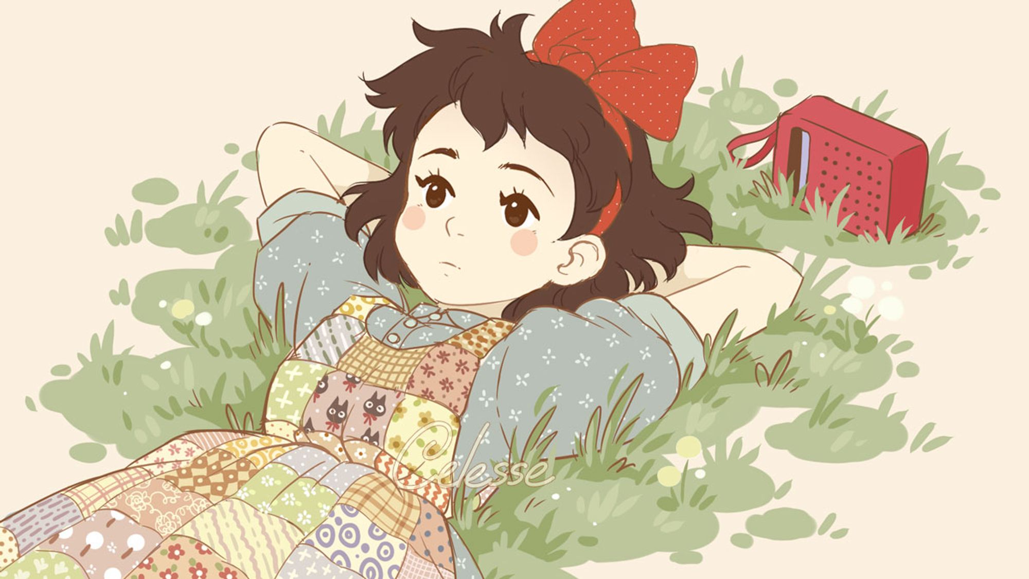 A fan art drawing of Kiki from Kiki's Delivery Service laying on a patch of grass with her arms behind her head, staring up at the sky as her red radio sits nearby. Her apron has been interpreted as a vintage-style patchwork quilt with the center patch design featuring a Jiji pattern.