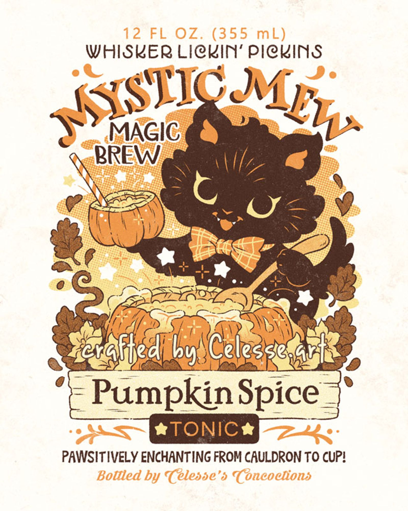 A drawing of a faux vintage-style logo for Mystic Mew Magic Brew Pumpkin Spice Tonic, featuring a black kitten stirring a pumpkin cauldron full of magic brew popping with stars and sparkles while holding up a cup-sized pumpkin with a straw in it. The flavor text reads "Pawsitively enchanting from cauldron to cup!"