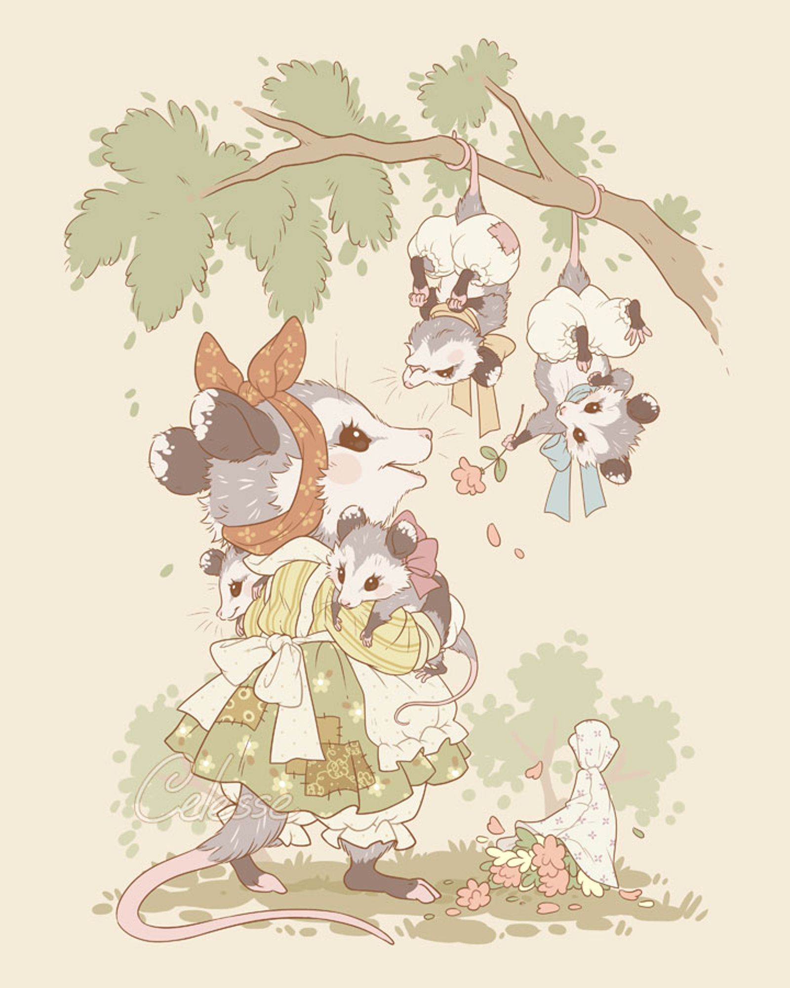 A vintage-style drawing of a mother opossum wearing a dress and apron and looking at two of her babies hanging in a tree by their tails, offering her a single flower from a fallen bouquet. She holds two more in her arms.