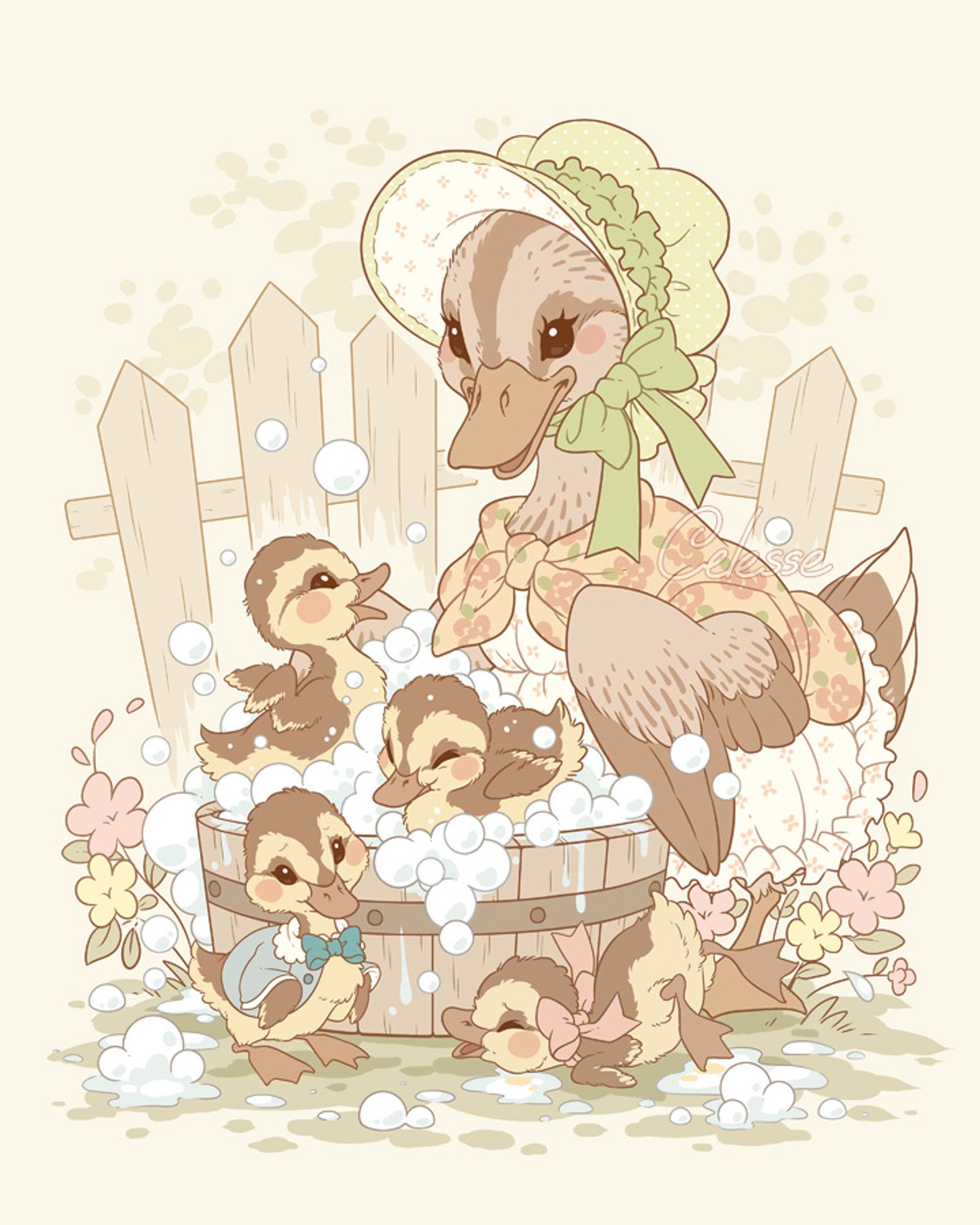 A vintage-style drawing of a mother duck wearing a dress and bonnet and giving her ducklings a bubble bath in an old fashioned wooden tub in a flowering garden.