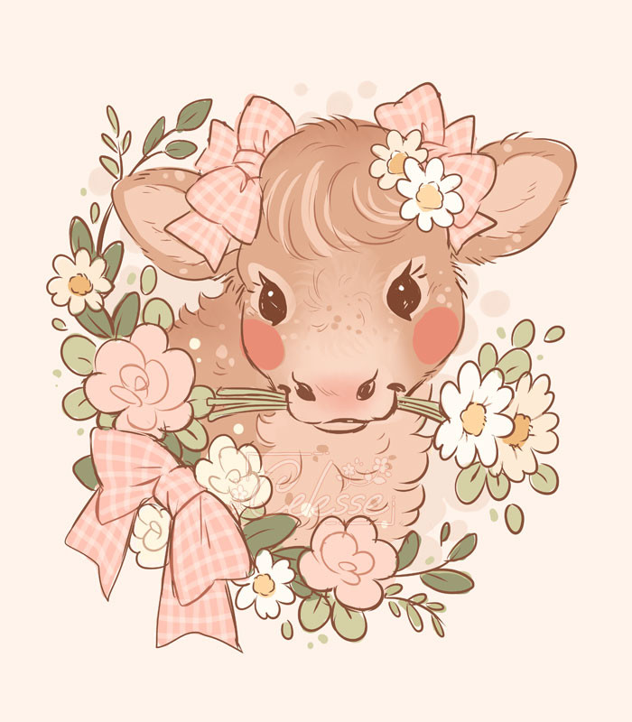 A soft drawing of a portrait of a light brown cow with freckles, wreathed by flowers and leaves secured with a large pink gingham bow on the left side. She holds two daisies in her mouth and has matching pink gingham bows on her ears.