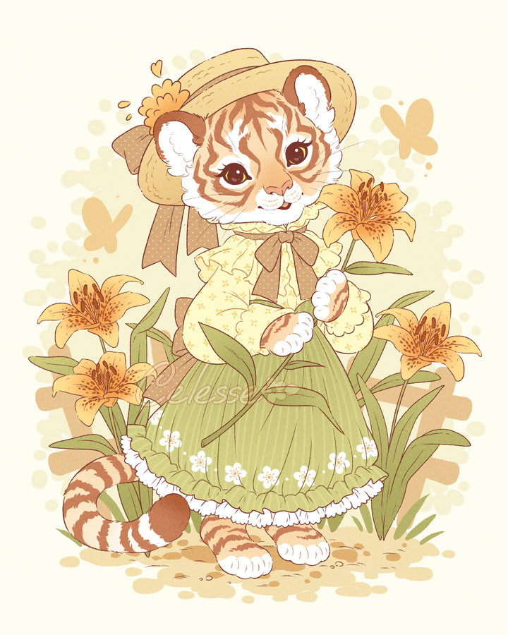 A vintage-style drawing of a young tiger wearing an old-fashioned dress and straw hat. She holds a tiger lily in her paws as she smiles, standing in a garden with more tiger lilies and a country style fence behind her.