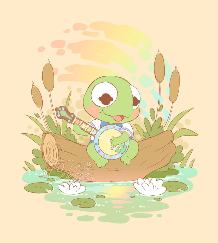 A fan art drawing of Baby Kermit the Frog strumming on his banjo while sitting on a log in a pond, surrounded by reeds and lily pads. A swath of rainbow is streaked in the sky behind him.