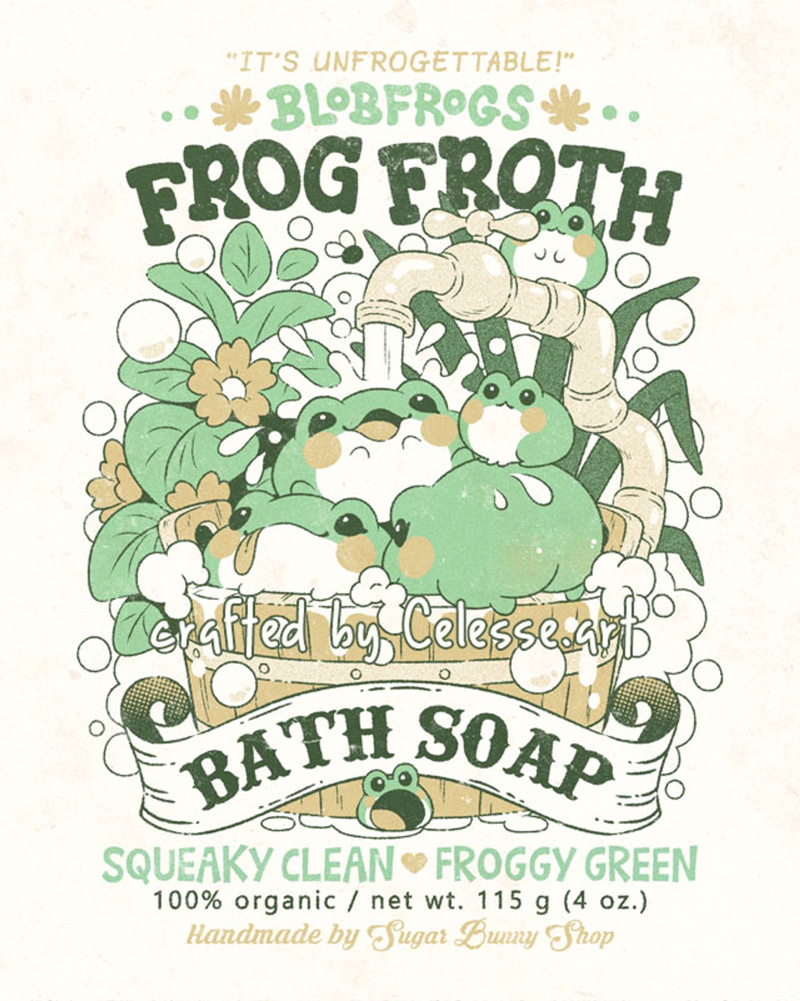 A vintage-style drawing of an old fashioned logo for Blobfrogs Frog Froth Bath Soap. The image features a bunch of fat blob-like frogs in a wooden tub with a garden faucet pouring water onto them, plants and bubbles all around. The flavor text reads "It's unfrogettable!" and "Squeaky Clean, Froggy Green"