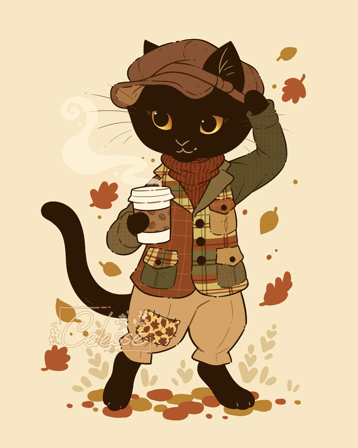 A drawing of an anthro black cat wearing a newsboy cap, a plaid coat and pants with a leaf pattern patch on the knee. He's dressed in fall colors and holding a coffee while leaves fall around him.