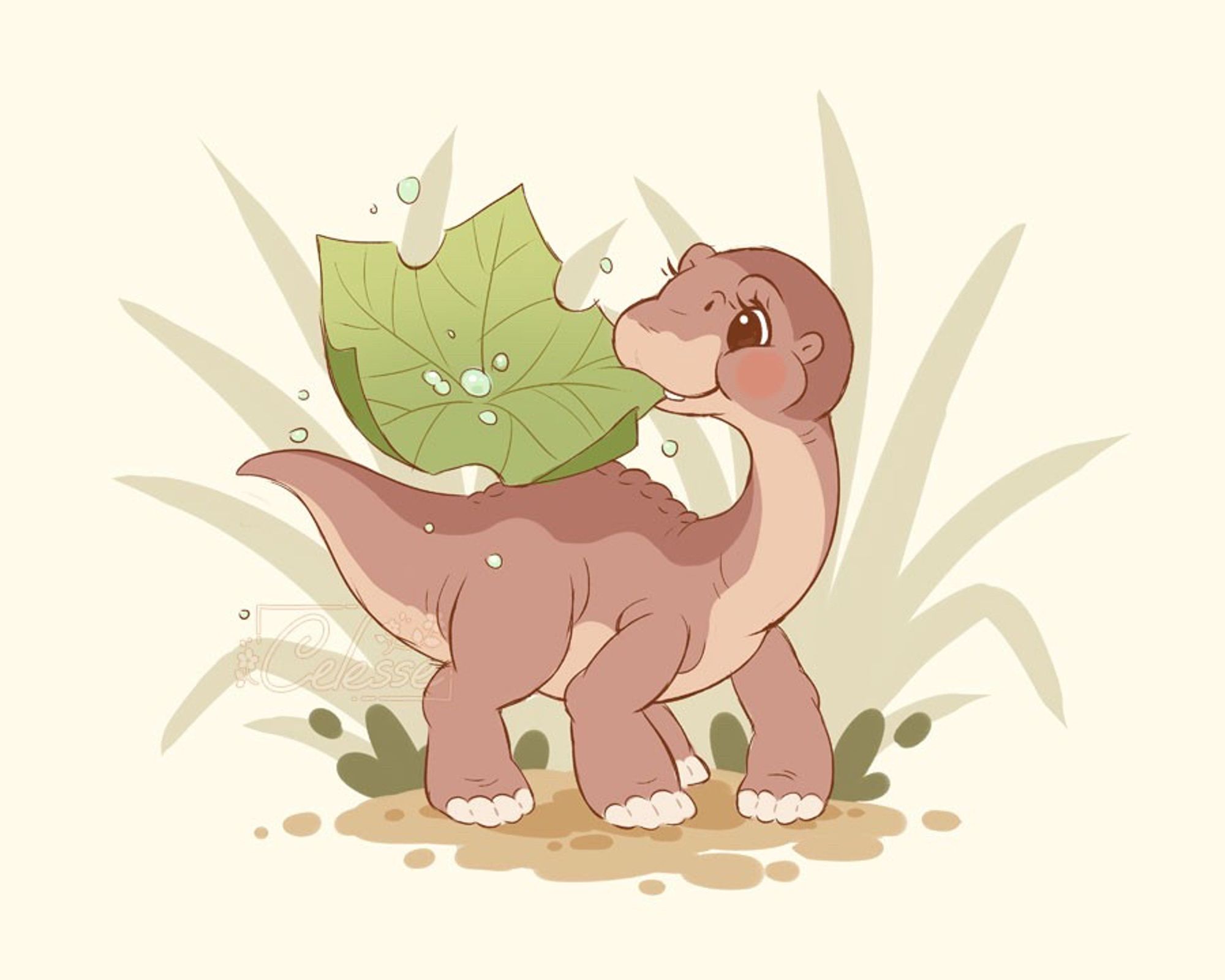 A drawing of Littlefoot the dinosaur from The Land Before Time, happily holding a “tree star” leaf in his mouth