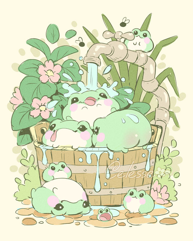 A drawing of a bunch of fat round green blob frogs splashing around in a wooden bucket in a garden, a faucet pouring water on top and plants in the background.