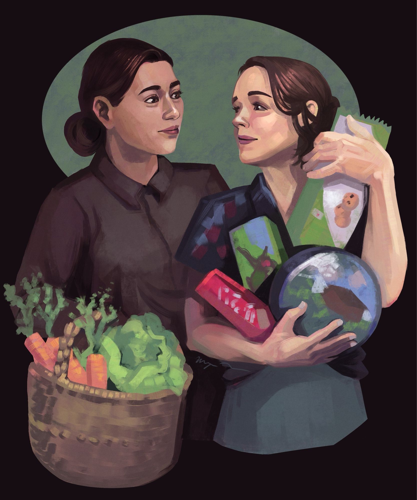 Bea carrying a basket of produce, Ava carrying an armful of snacks. Smiling at each other. Green and brown colors.