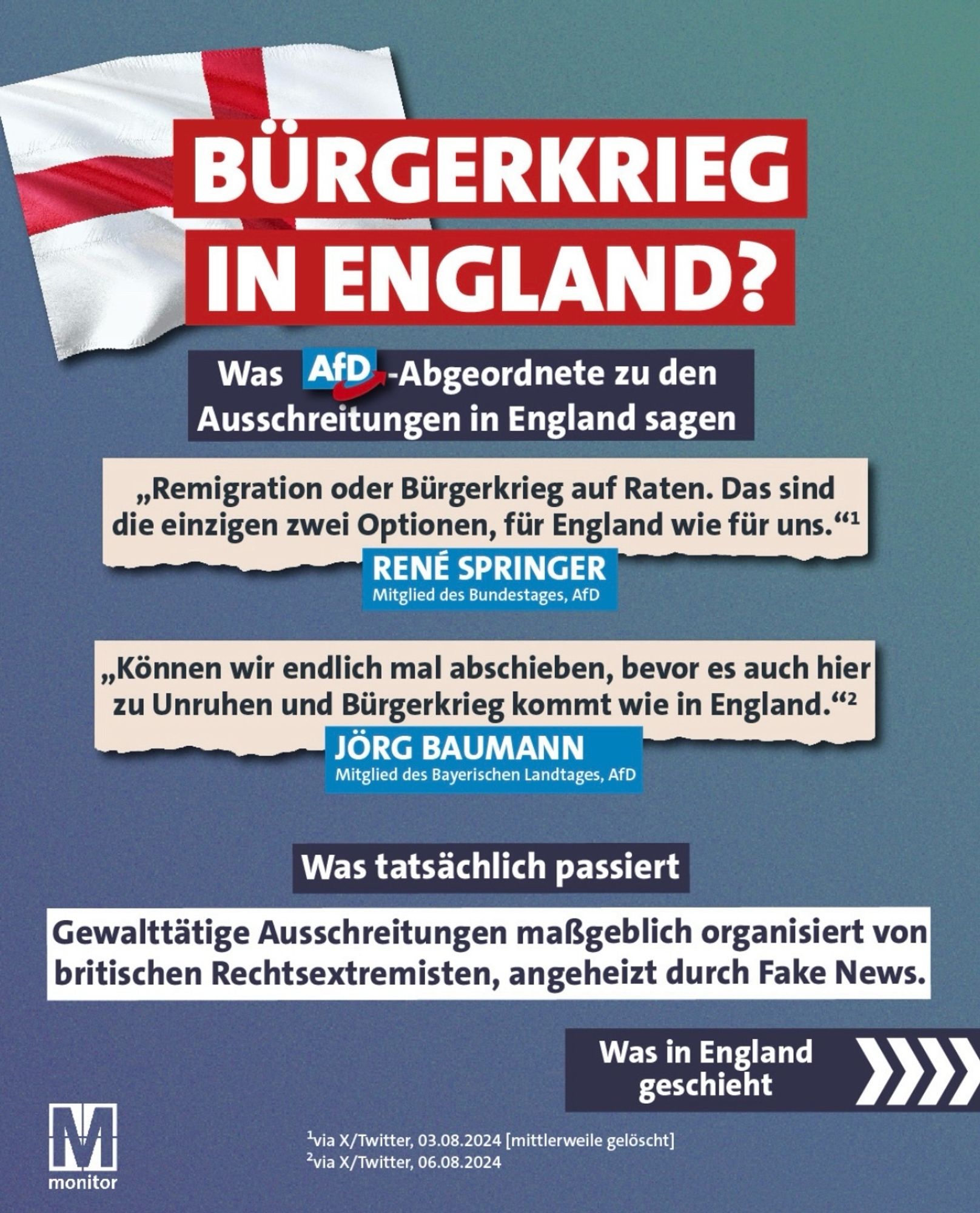 AfD-Politiker bezeichnen Ausschreitungen in England als Bürgerkrieg und warnen davor, dass sich das auch in Deutschland ereignen könne. Dabei haben maßgeblich britische Rechtsextremsten die Unruhen durch Fake New angeheizt.