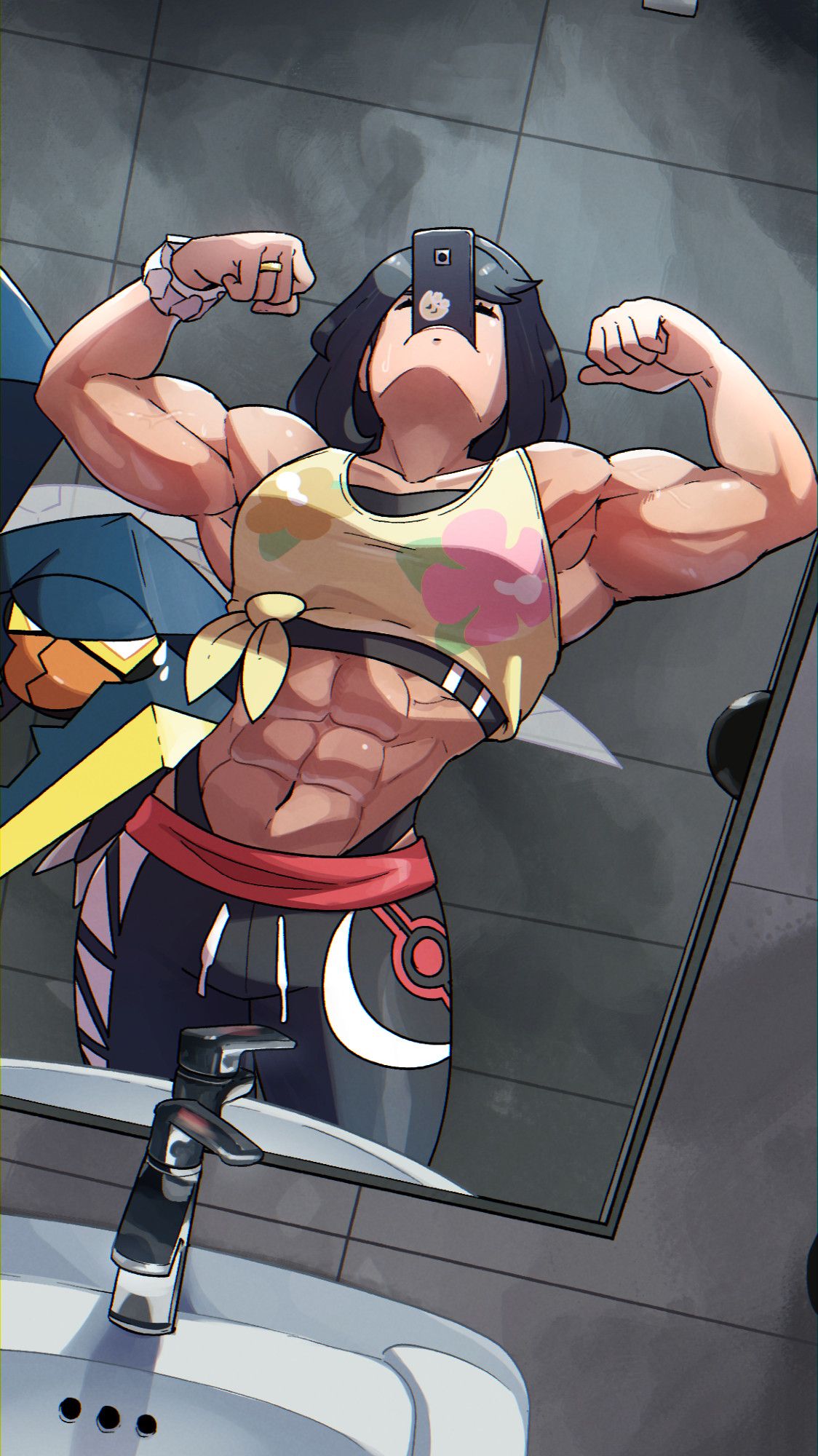 Image of timeskip AU version of Selene from Pokemon Sun & Moon flexing both arms in front of a bathroom mirror. Selene is wearing a cropped shirt, sports bra, and sweatpants, and has her cell phone propped up in her mouth to take a photo of herself in the mirror. Her Vikavolt (a dark teal beetle-like Pokemon) hovers next to her with a look of confusion.