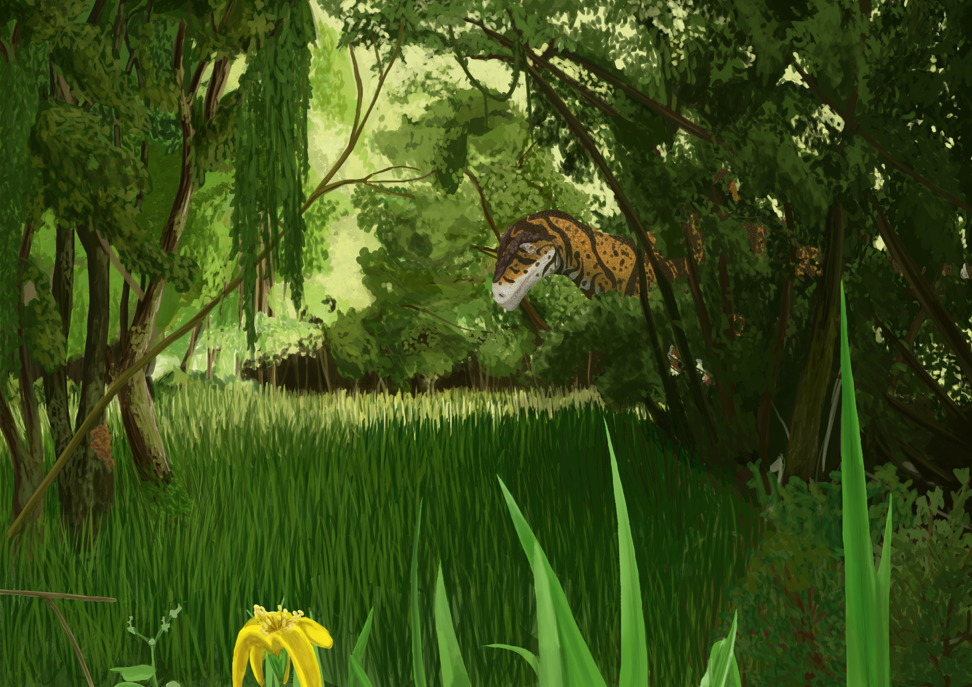 A dinosaur (concavenator Corcovatus) with a tiger inspired pattern stalking through a lightly forested area