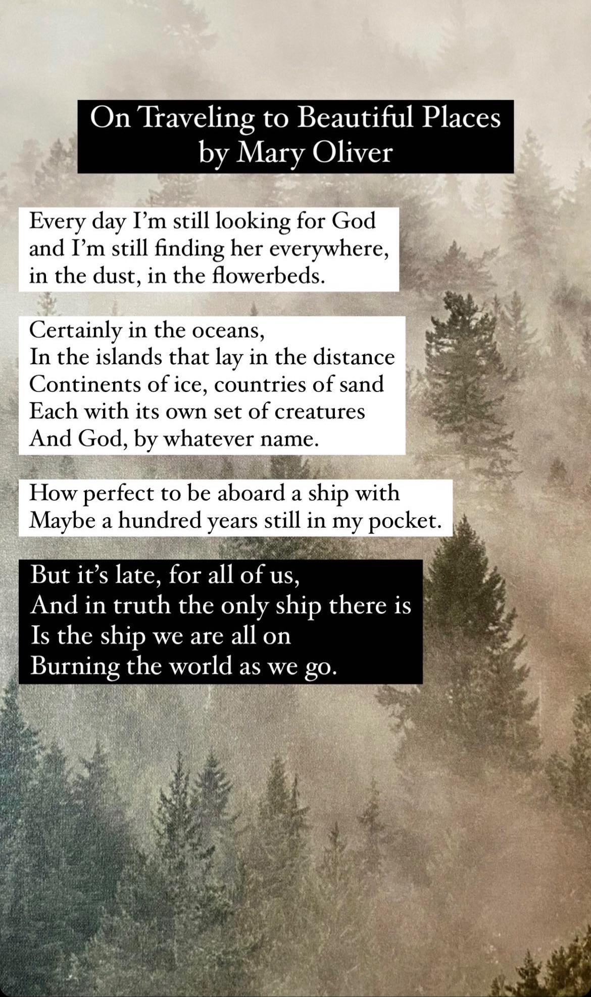 On a background watercolor of misty evergreen trees is the full text of Mary Oliver’s poem:
On Traveling to Beautiful Places 
by Mary Oliver

Every day I’m still looking for God
and I’m still finding him everywhere,
in the dust, in the flowerbeds.

Certainly in the oceans,
In the islands that lay in the distance
Continents of ice, countries of sand
Each with its own set of creatures
And God, by whatever name.

How perfect to be aboard a ship with
Maybe a hundred years still in my pocket.

But it’s late, for all of us,
And in truth the only ship there is
Is the ship we are all on
Burning the world as we go.

Image source: https://www.reddit.com/r/MaryOliver/comments/w528mb/on_traveling_to_beautiful_places_by_mary_oliver/