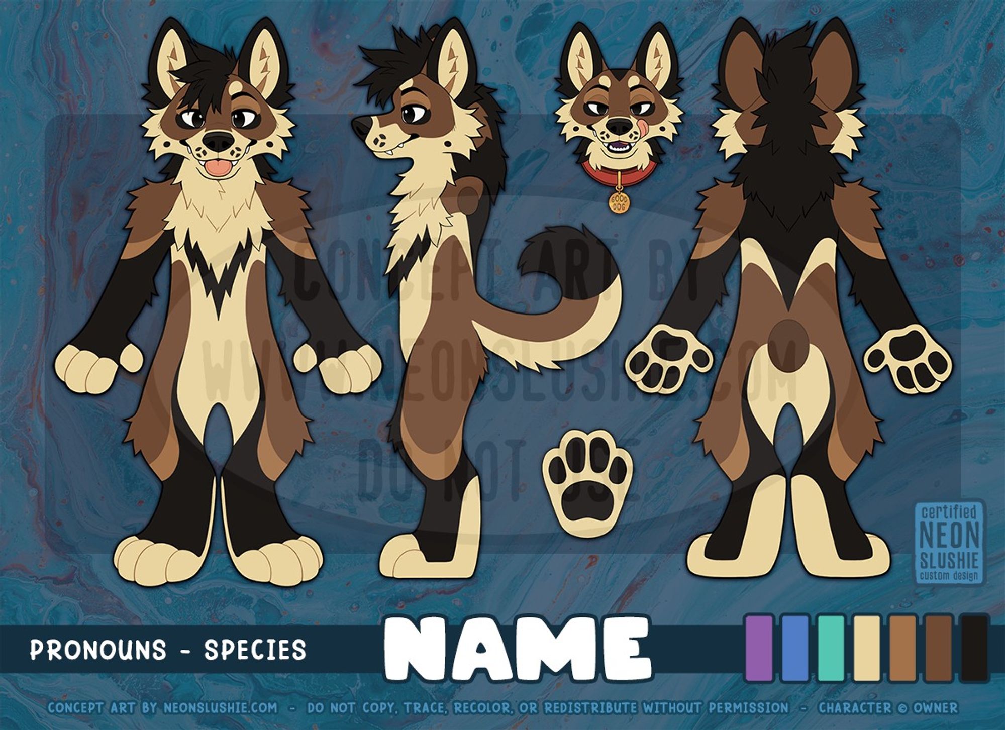 A digital reference sheet of an anthropomorphic cartoon dog character. the dog is fluffy with pointy ears and a curved upright tail. It's body is primarily a neutral brown, with black ears, hair, arms, and legs. It's belly is a lighter tan with this same color on the muzzle, cheeks, ear insides, and fingers and toes. The character does not have a name yet and will be available for adoption soon. 🎨 #FurryArt #FurSale