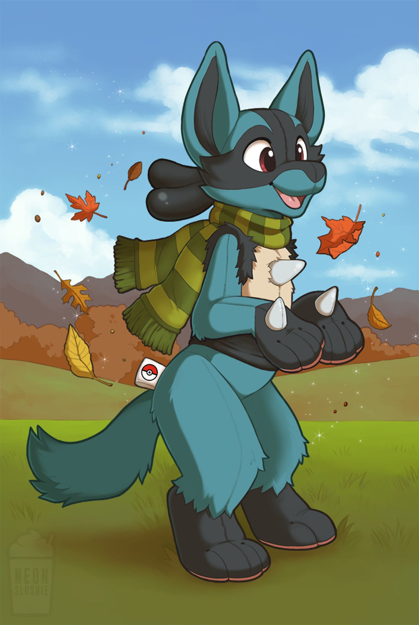 A digital illustration featuring a plushie Lucario, a Pokemon. It resembles a plush anthro canine, with dull blue fur, black paws, a black mask marking across the face, a fluffy tail, tall pointy ears, and spikes on its chest and hands. The Lucario is standing in a grassy rolling field, with a line of orange autumn trees and a mountain range in the background. The sky is bright blue with hazy and fluffy white clouds. The character appears to be enjoying a fall breeze that is blowing colorful leaves. 🎨 #furryart