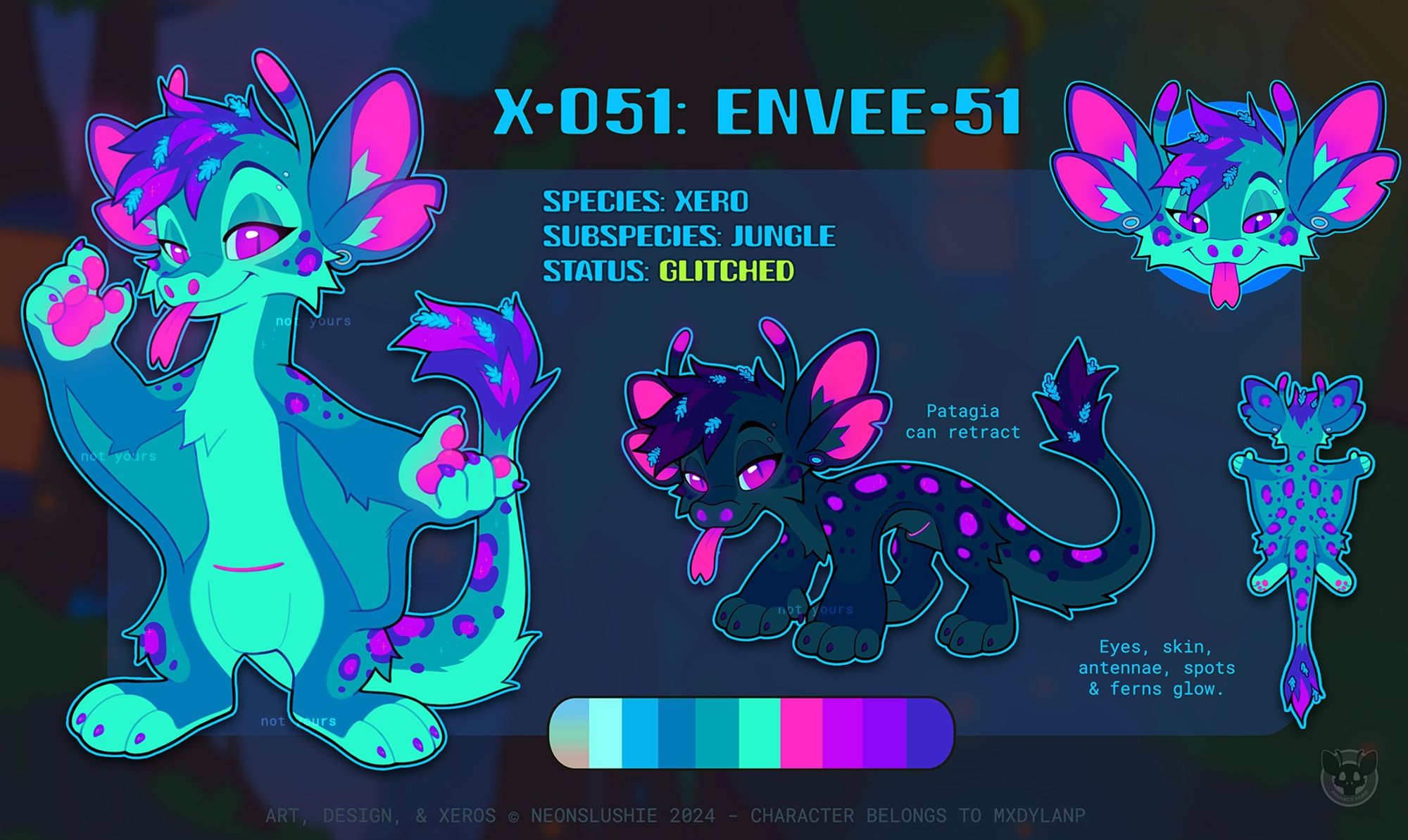 A digital reference sheet for an alien Xero character named Envee-51. The Xero is mostly teal with minty green fingers, toes, and belly. They have patagia 'wing' flaps that extend from wrist to hip. Their sides and back are covered with purple and pink leopard spots. A hot pink forked tongue pokes from their mouth and they have 2 pairs of ears on each side of their head. There are small glowing blue ferns growing out of their hair and the fluffy tip of their tail. 🎨 #FurryArt #ProjectXero