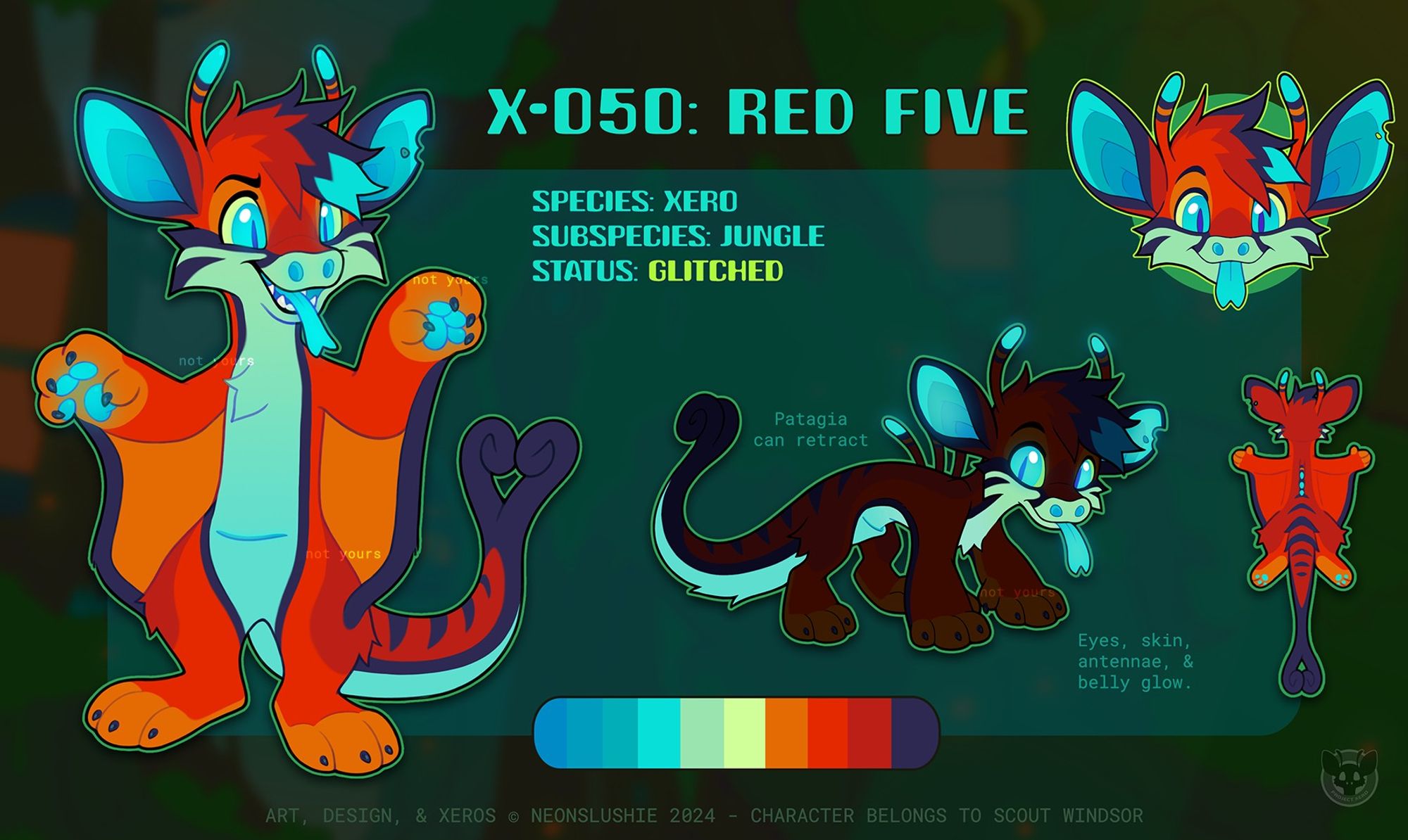 A digital reference sheet for an alien Xero character named Red Five. The Xero is mostly red with orange fingers, toes, and the inside of the patagia 'wing' flaps that extend from wrist to hip. They have a pale green and blue belly and black trim on their sides. A neon blue forked tongue pokes from their mouth and the inside of their blue ears are ridged like a bat. Thylacine-like stripes go down their back and tail, and the tail ends in a forked tip with two curly prehensile tail tips that form a heart shape. 🎨 #FurryArt #ProjectXero