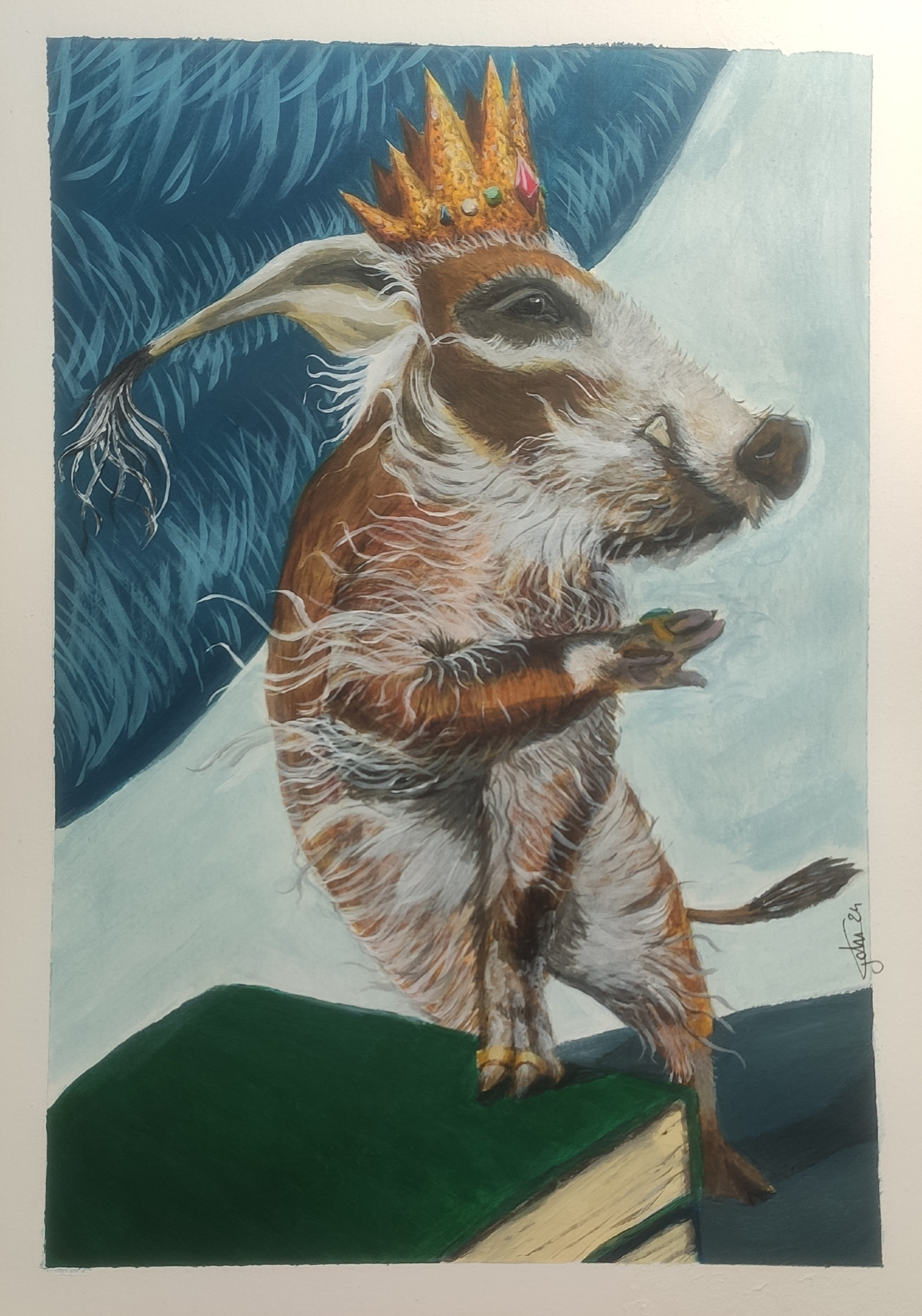 Acrylic painting of a Hog King (small). Is paw is on a pile of book and he is balance on his rear leg.