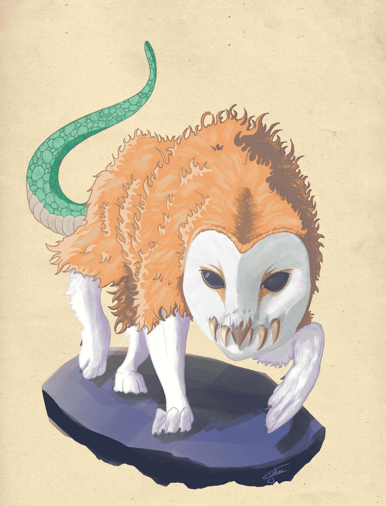 Digital illustration of Amon a daemon with the head of an owl, the body of a wolf and tail of a snake