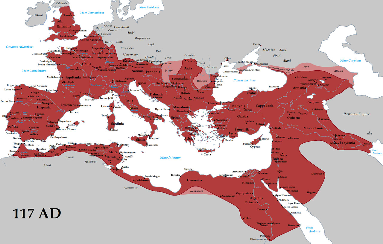 The Roman Empire circa. 117 AD, the peak of its territorial extent.