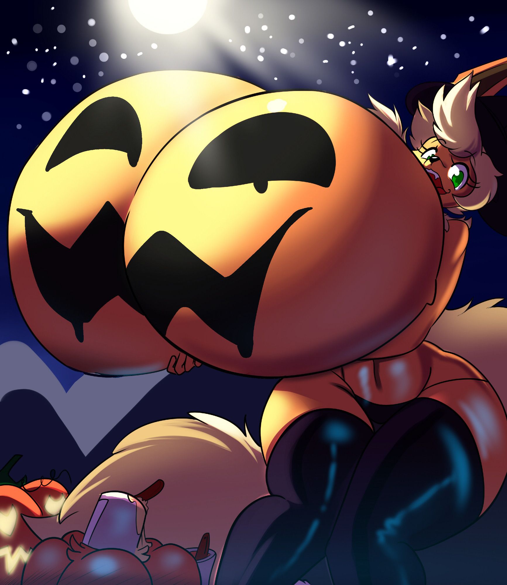 Flame in a pumpkin patch, holding up her massive nude breasts that are painted like a pumpkin, wearing only leggings and a witch hat, while smiling at the viewer.