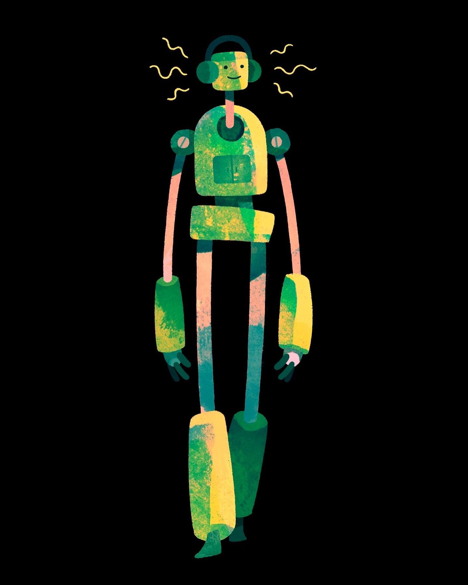 An illustration of a colorful robot who’s smiling while listening to headphones and walking.