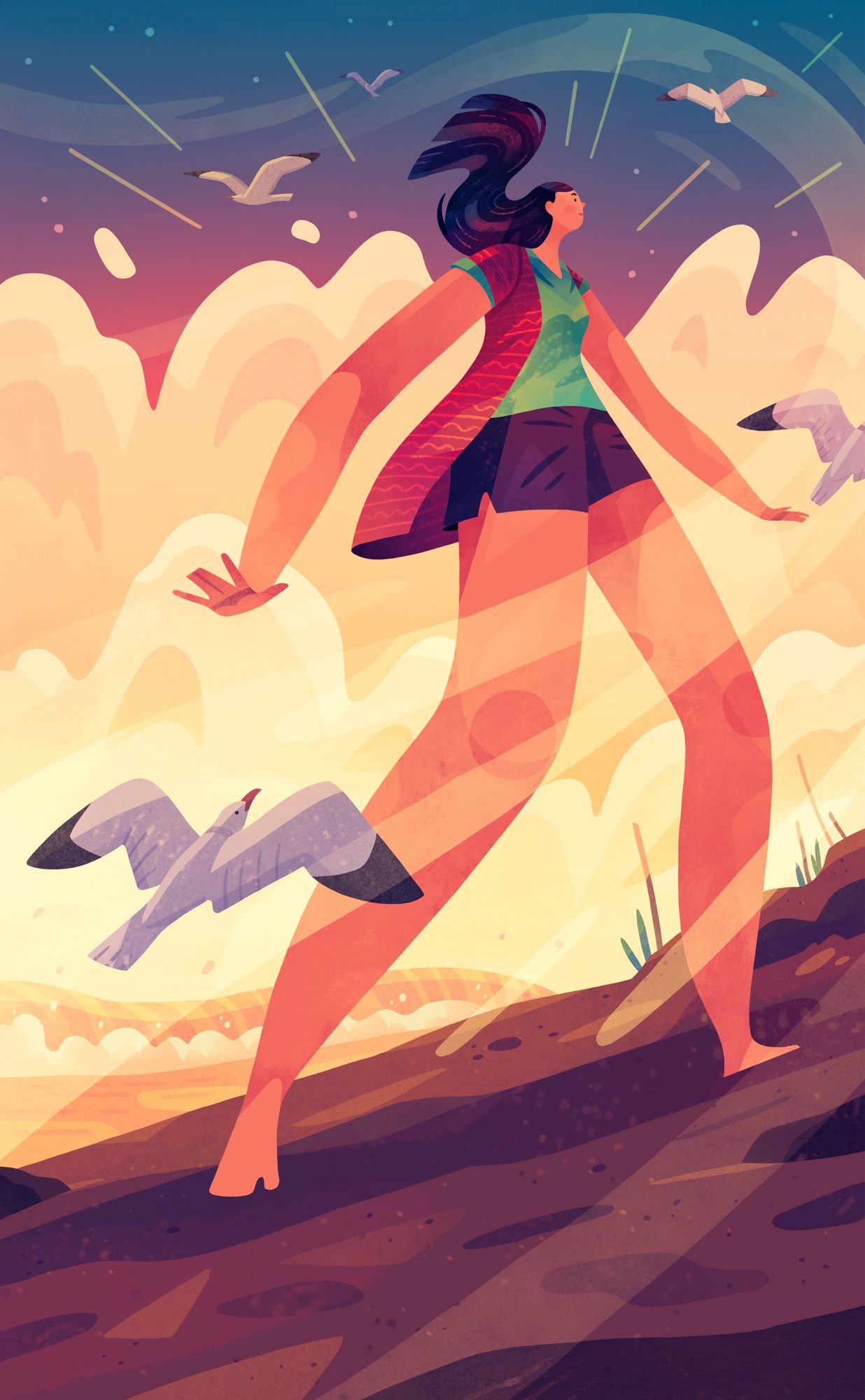 Illustration of a woman walking on a beach with wind and seagulls swirling around her