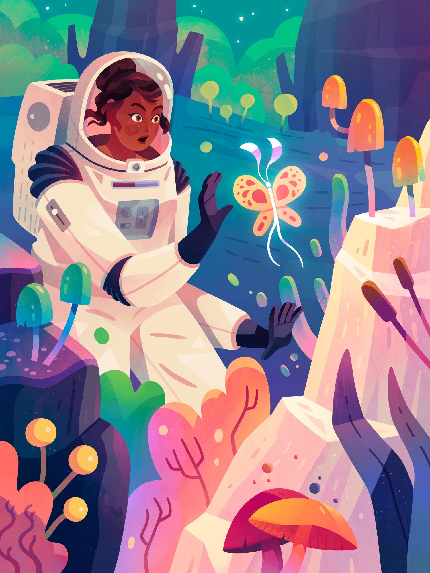 Illustration showing an astronaut lady on an alien planet with colorful plants and mushrooms. She’s holding out her hand toward a butterfly-like creature. 
