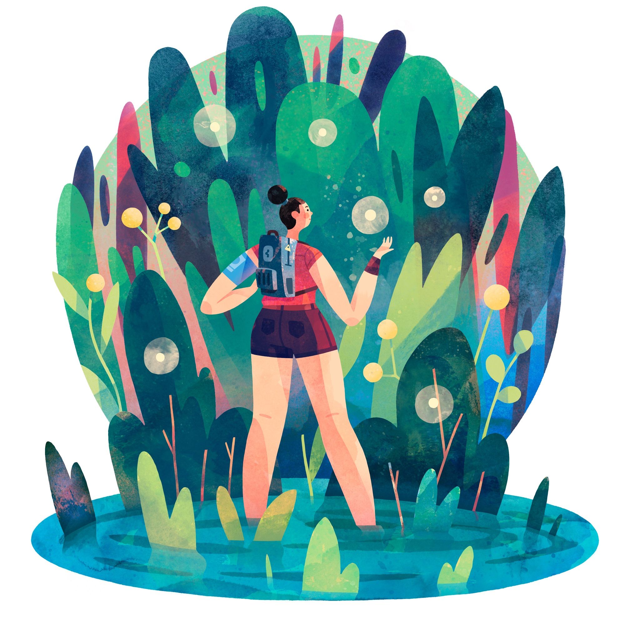 Illustration of a girl with a backpack wading in a swamp surrounded by fireflies.