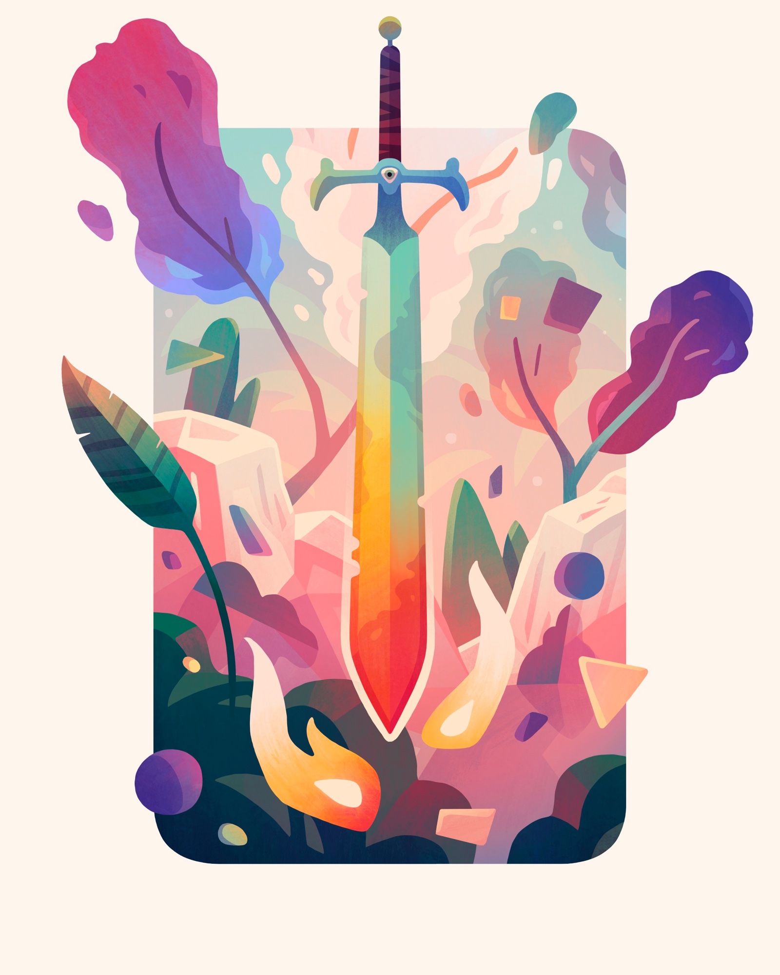 Illustration of a colorful sword floating in front of some trees and plants and other shapes.