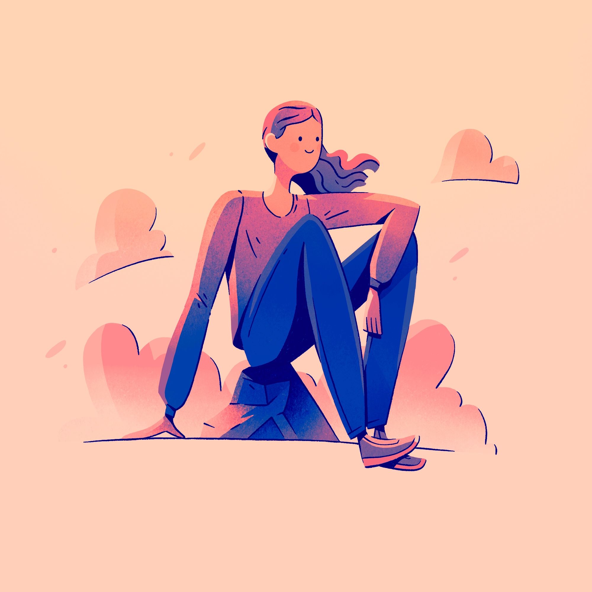 Illustration of a girl smiling and sitting on a rock. Pink and blue color scheme.