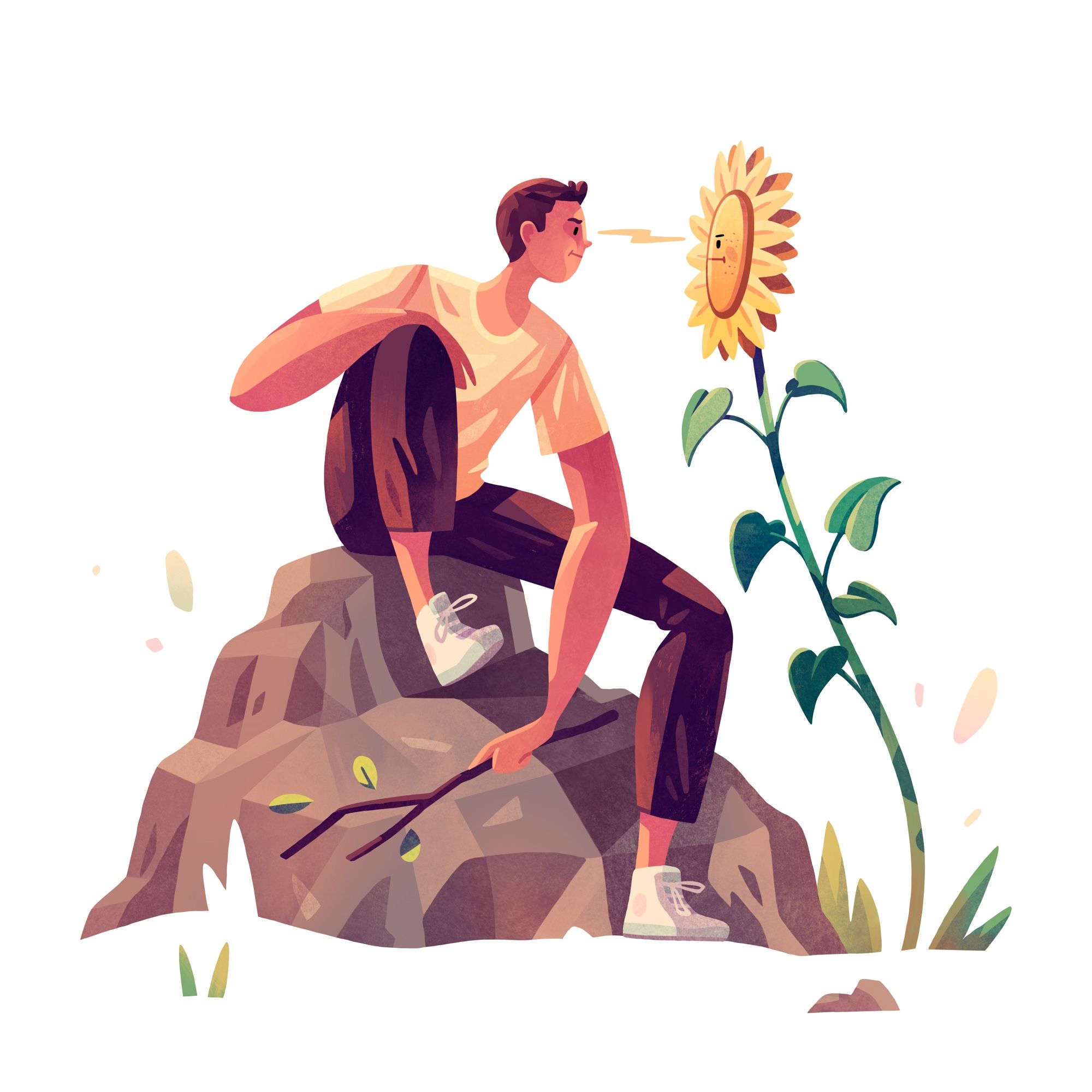 Illustration of a boy sitting on a rock having a staring contest with a sunflower with a face.