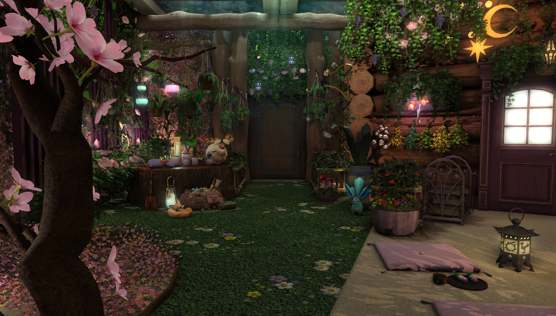 A view looking into an apartment in FFXIV. On the right is a cabin covered in ivy and dried herbs, with a walkway in front with a small seating area with pink cushions. On the left is a flowering cherry tree in the foreground with pink flowers on the floor; behind it is a large log with a tea set and a woodland creature watching you curiously. Lanterns are strung from draping branches.