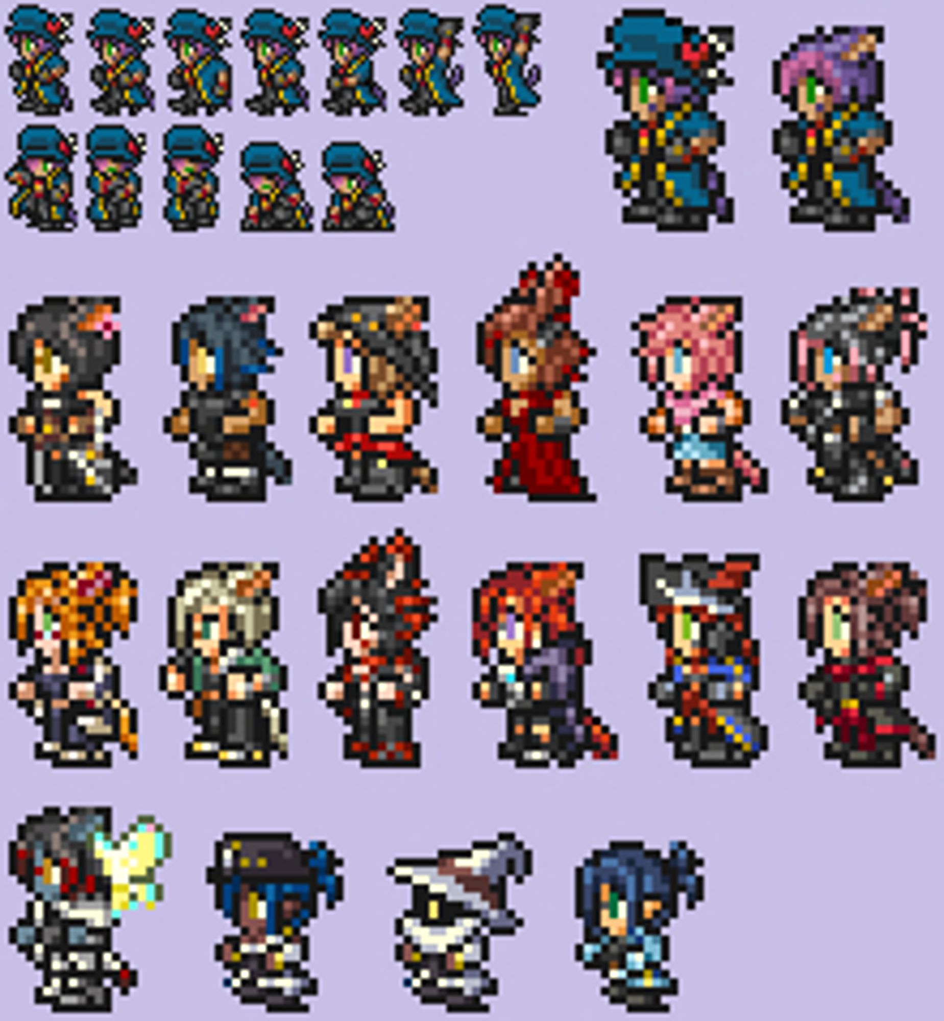 An assortment of sprites in the style of classic Final Fantasy 5/6, including viera, miqo'te, au'ra, and lalafel, in a wide range of skin tones. Most of them are cats though.