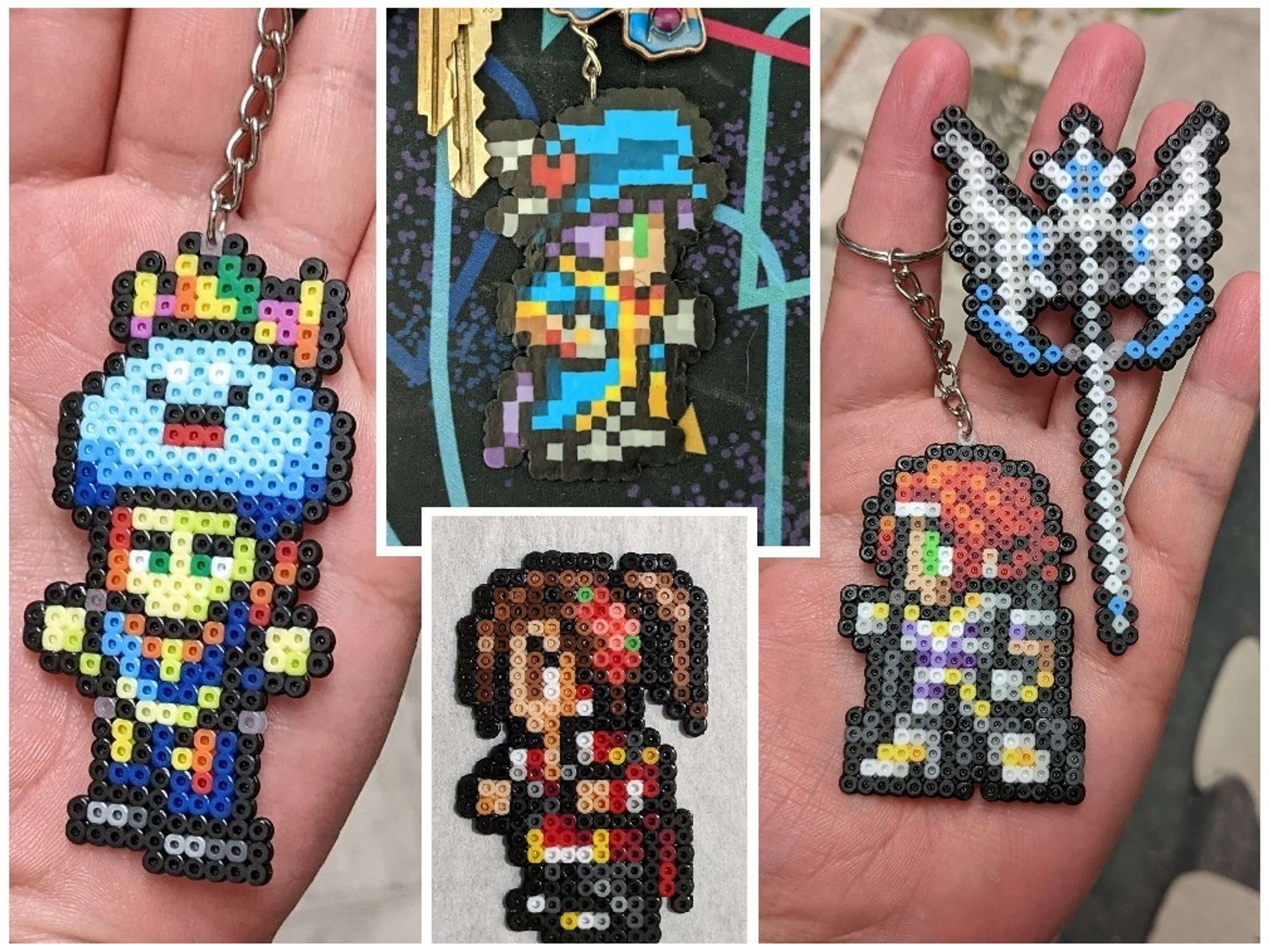 Four fuse bead keychains of FF6-style sprites. On the left is a frontal angle of a green-skinned roegadyn wearing the big wobbly King Jelly hat from FFXIV, doing the "Guess I'll Die" meme shrug. In the middle are a somewhat darker-skinned catboy with a blue coat and floppy hat with a heart on it, and a white human with a ponytail, red outfit, and pink flowers in her brown hair. On the right is a darker highlander with red hair and silver armor with gold trim, and a separate white axe larger than she is.