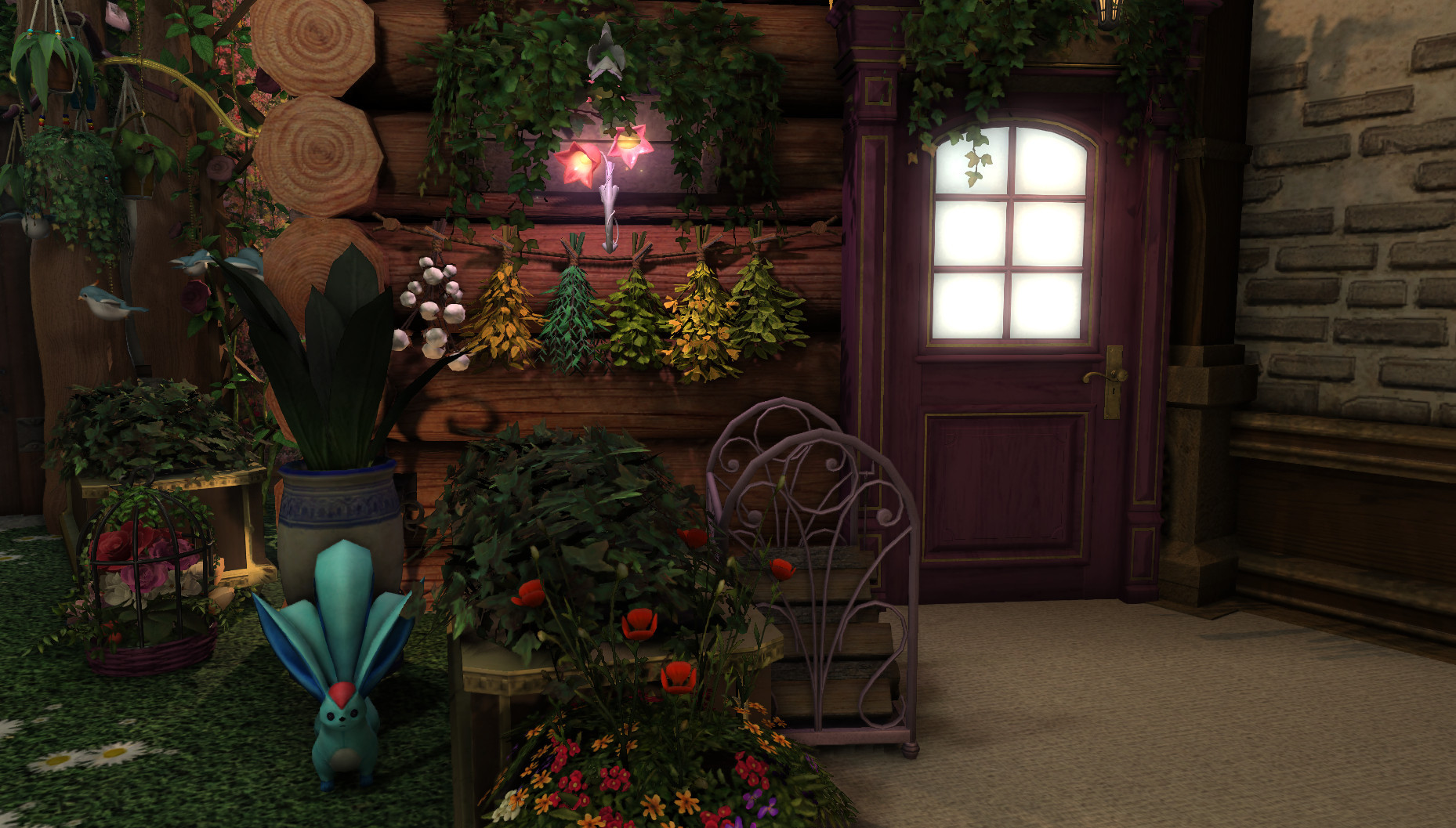 A closeup of the right side. The window in the door to the cabin is lit from within. Hanging herbs, planters of roses and other flowers, and a decorative firewood holder line the pathway. An emerald carbuncle watches you shyly. In the background, a bluebird mobile spins in the trees beside the cabin.