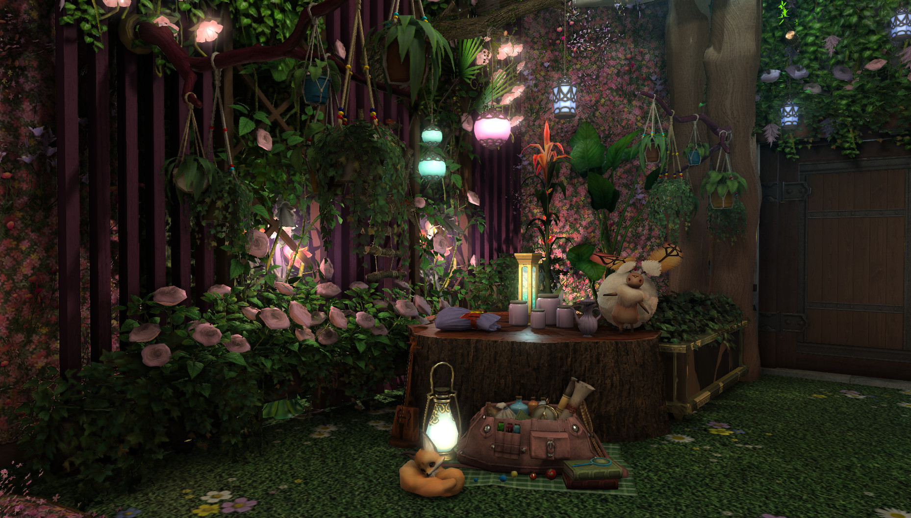 A closeup of the left side. The area is full of planters with pink roses, hanging planters with greenery, all lit behind by glowing flower lanterns. The rabbitlike creature sits on the stump next to canisters and a bag for crafts. On the floor beside the stump is a knapsack and lantern, where a fox naps curled up. The mood is serene and inviting.