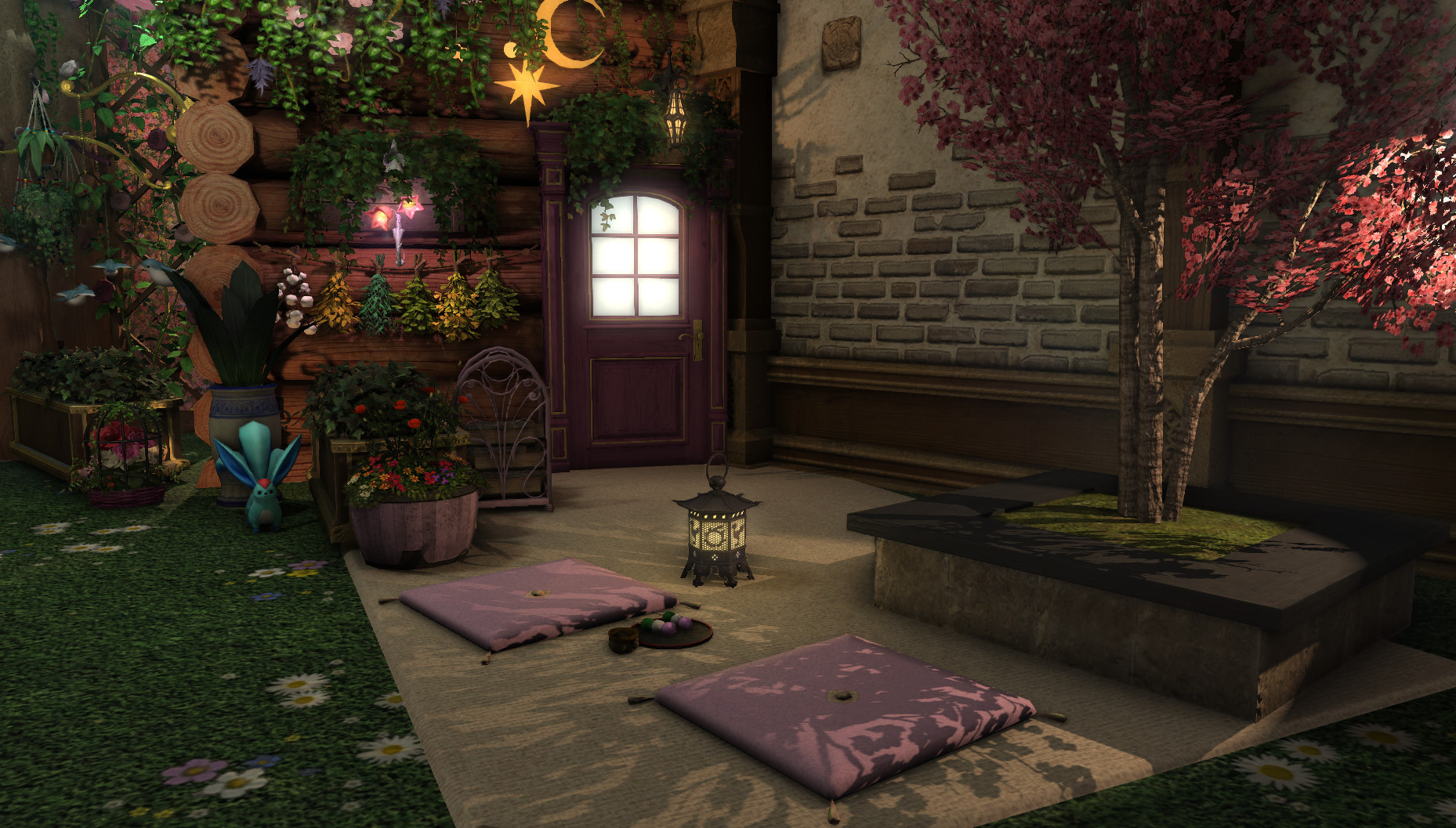 A closeup of the seating area. There are two pink cushions with a set of dango between them, and a lantern to the side. A cherry tree shades it all and casts shadows of leaves and branches over the cushions.