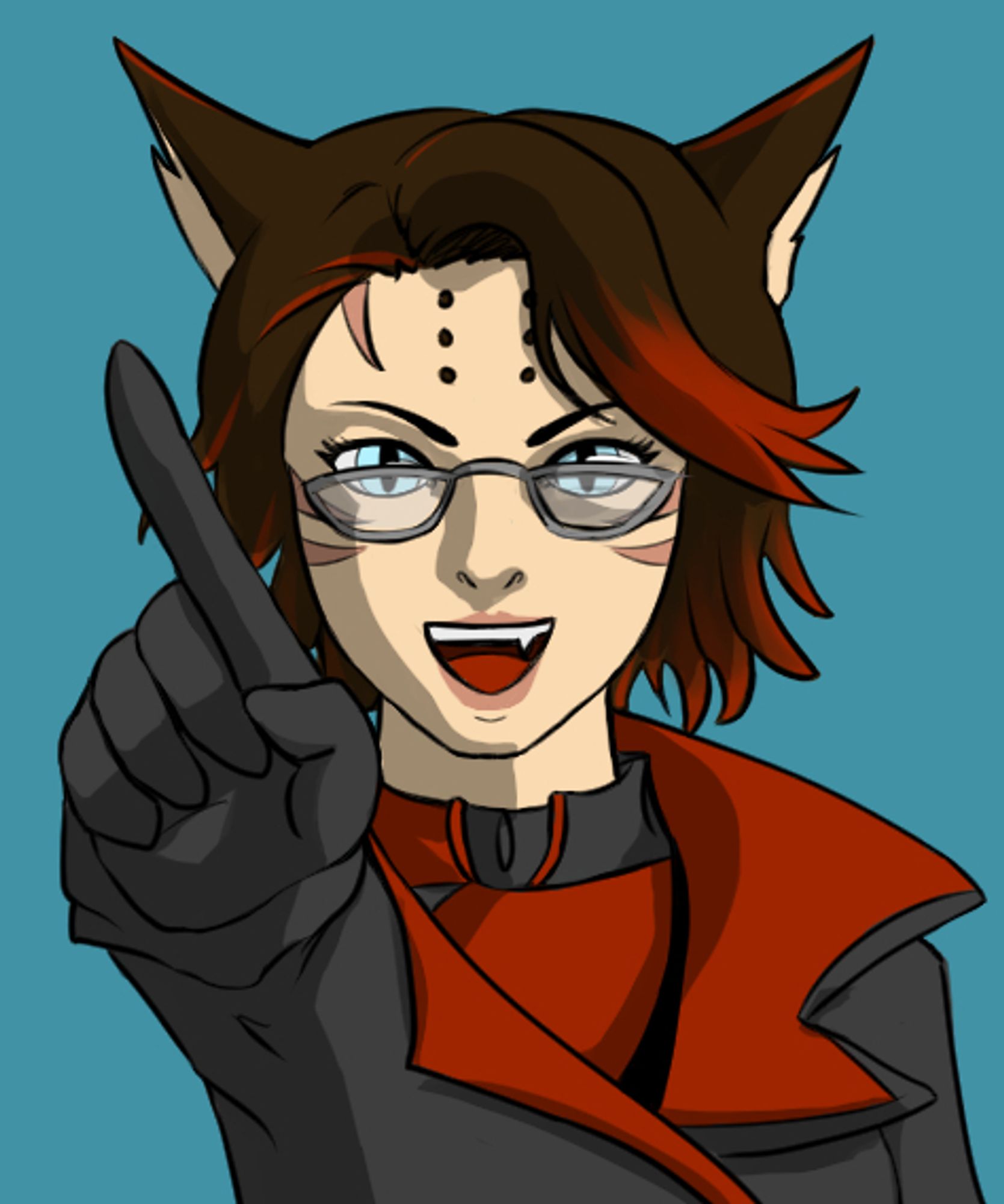 A catgirl with brown hair, red highlights, and glasses holding up a finger. Her mouth is open and she's saying something with determined emphasis.