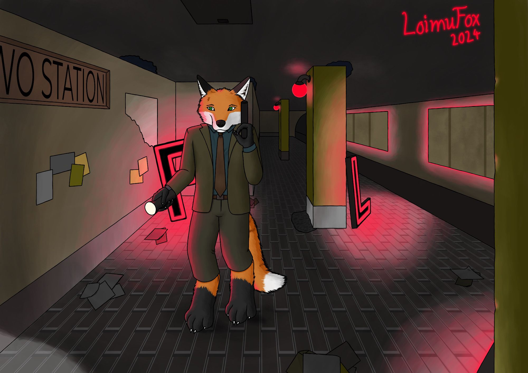 Digital drawing of an anthropomorphic fox wearing a suit and tie and holding a flash light and a gun in his paws walking in a dark, kinda messy metro station. Red-pink neon lights are scattered around the background, illuminating everything in their coloured light.