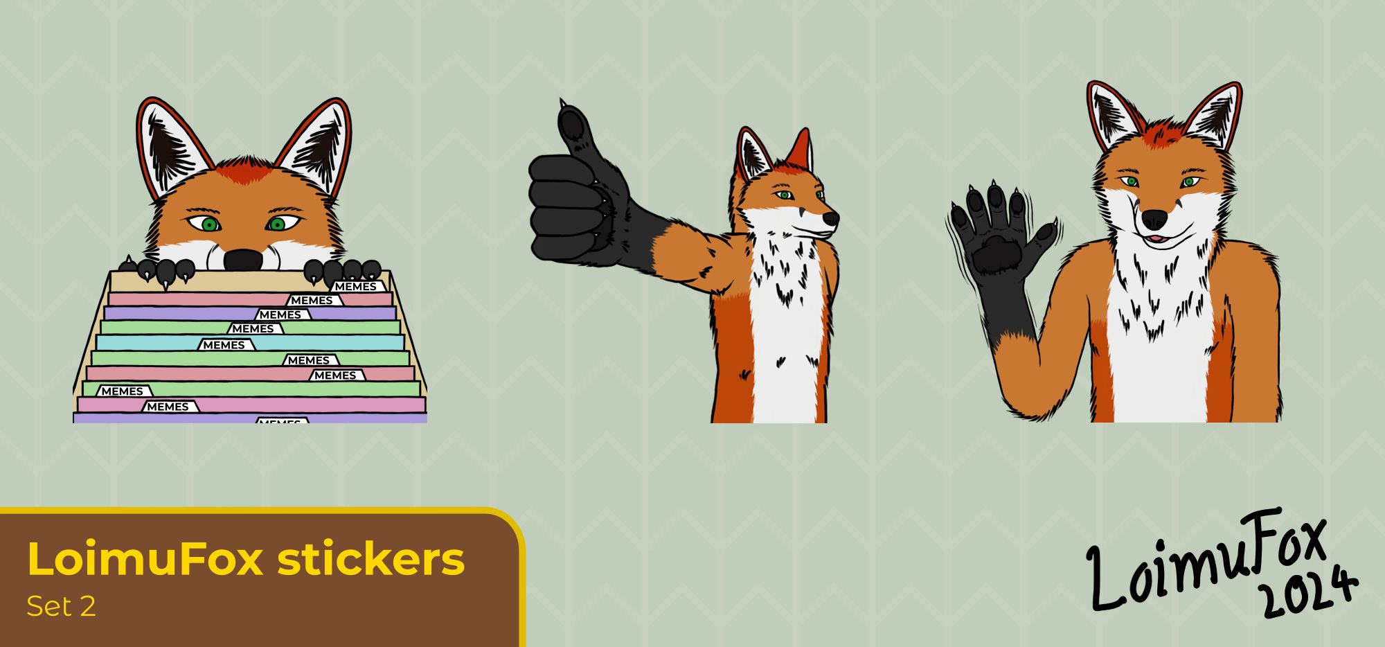 Collection of three Loimu The Fox stickers. From left to right: Loimu browsing a filing cabinet with all folders labelled "memes", Loimu giving a thumbs up and Loimu waving hello.