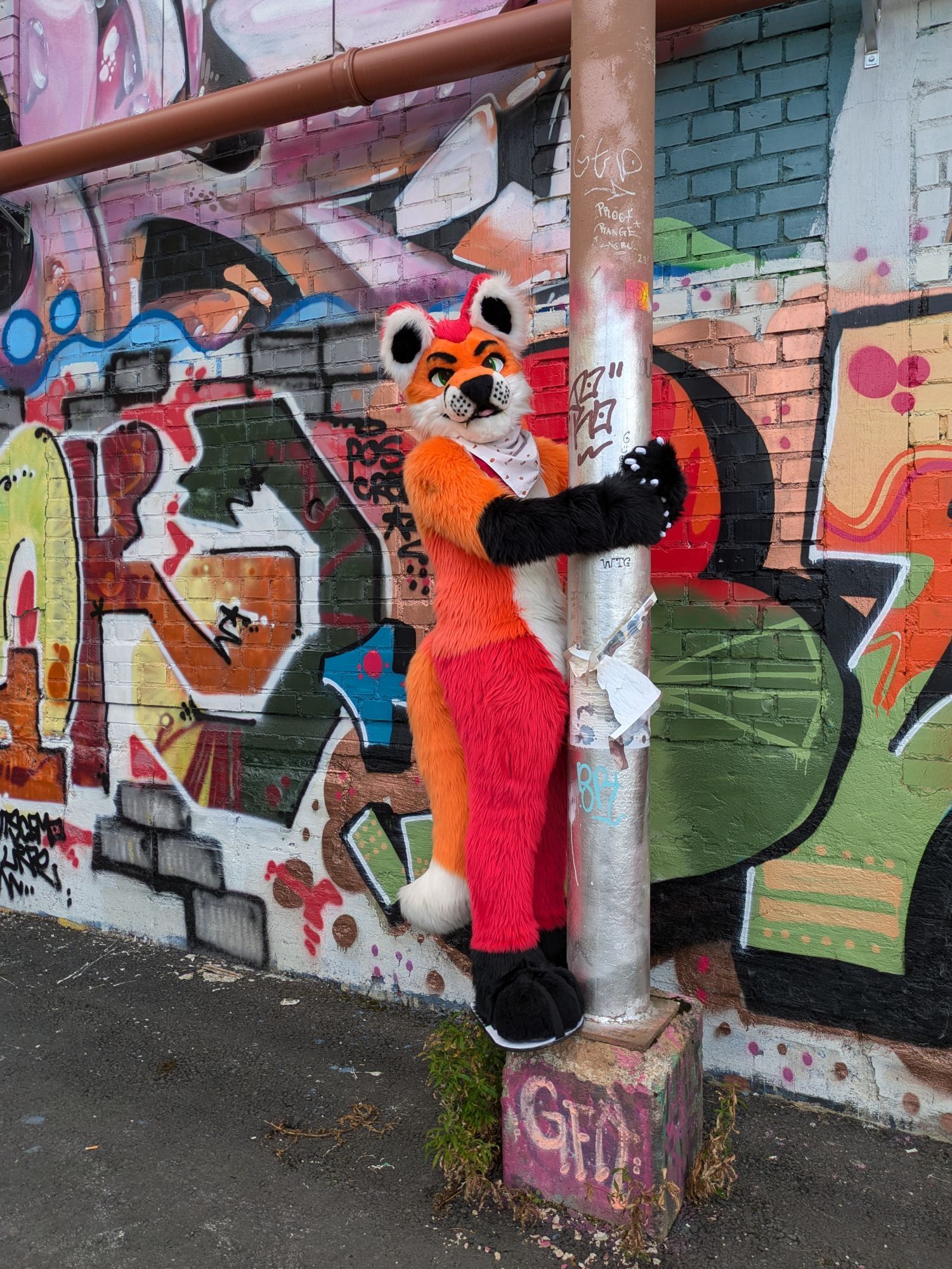 Fursuit photo of Loimu The Fox hanging from a streetlamp with two paws in front of a wall with colourful graffiti.