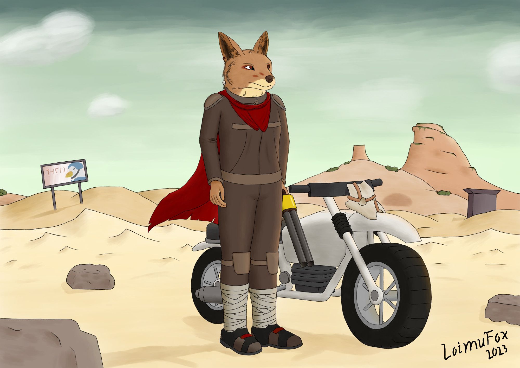 Laika, an anthropomorphic canine character, standing in front of her motorcycle with a gun in her back hand. A desert-like scene opens behind her.