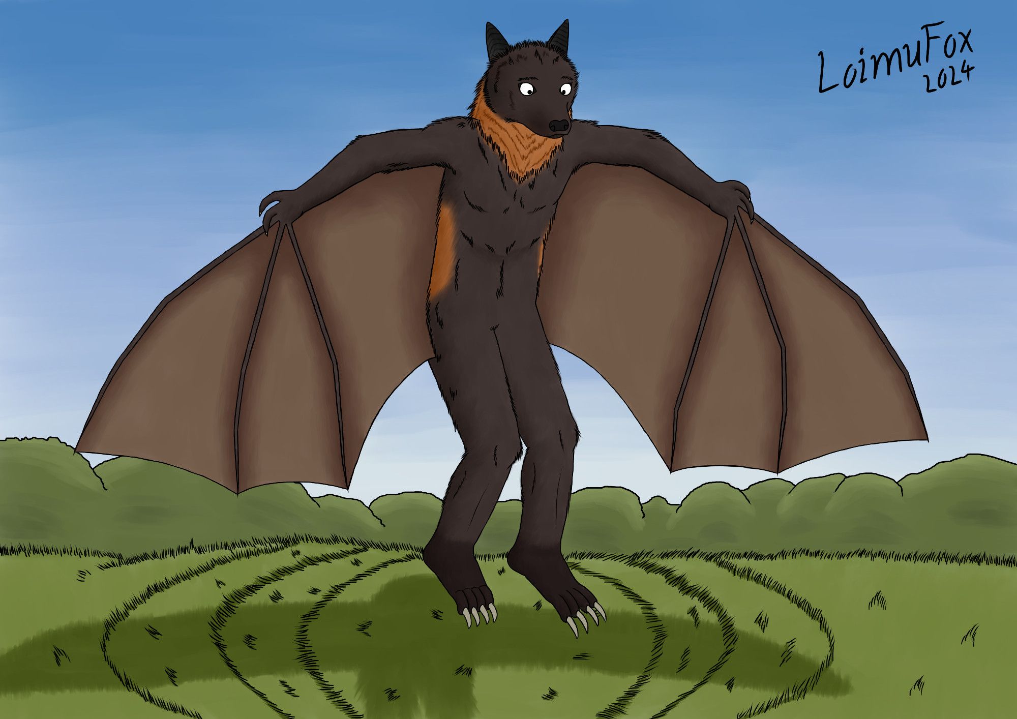 Digital drawing of an anthropomorphic flying fox (a type of large furry bat) landing on a field of grass.