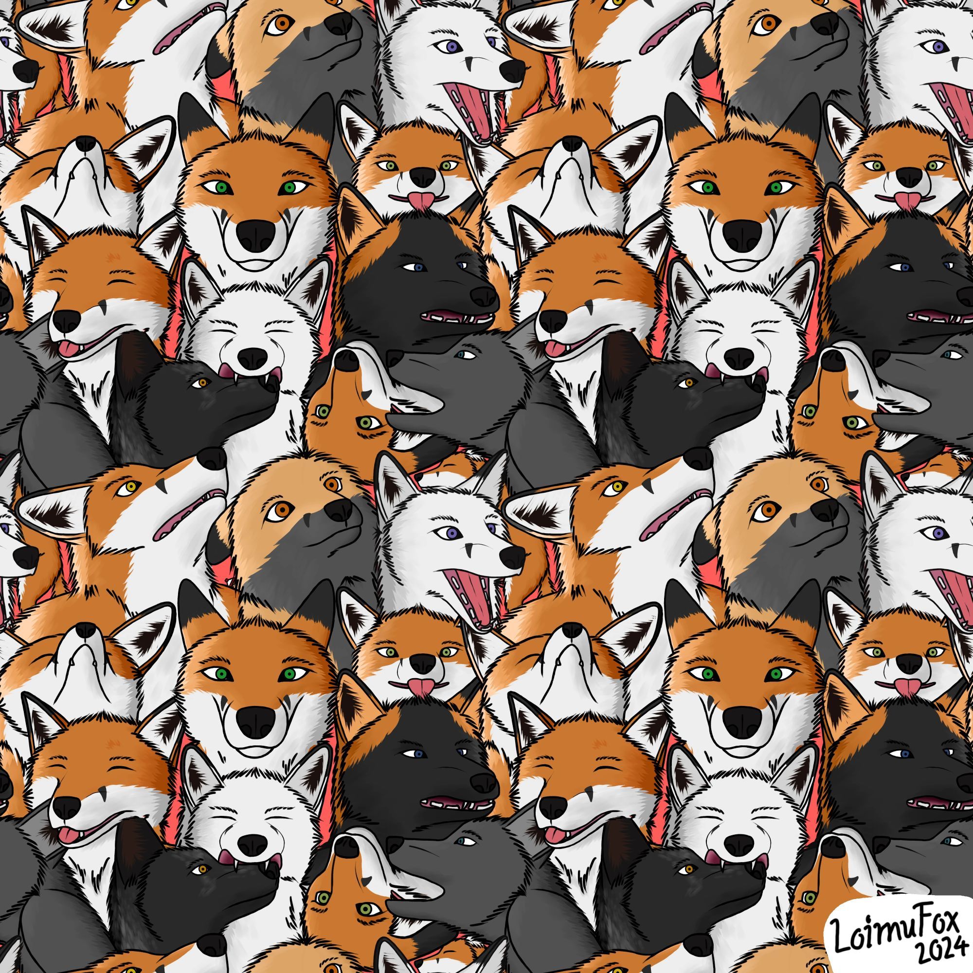 Digitally drawn pattern of a lot of fox heads, repeated twice in both directions.