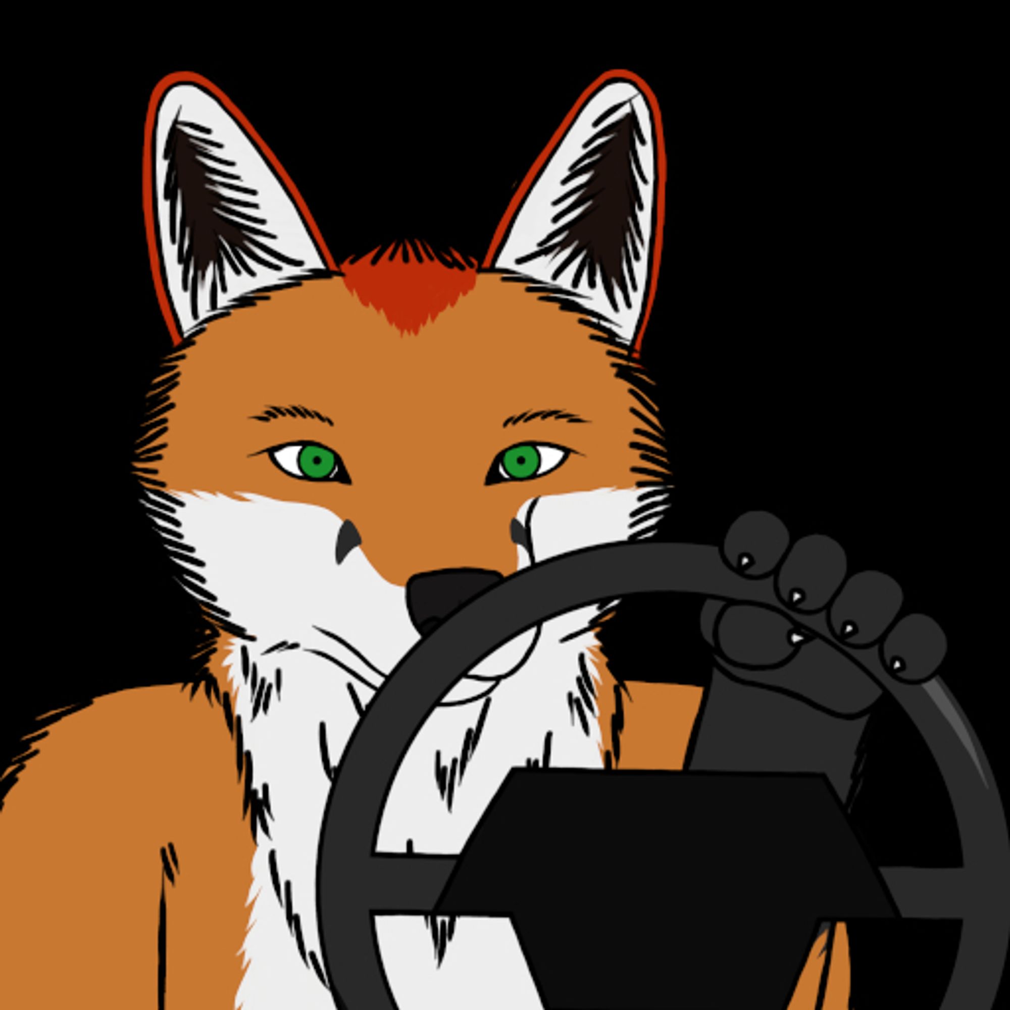 One frame of a digital animation of a bust of an anthropomorphic fox operating a steering wheel in front of him. Both would be shaking around a lot if it were an animation.