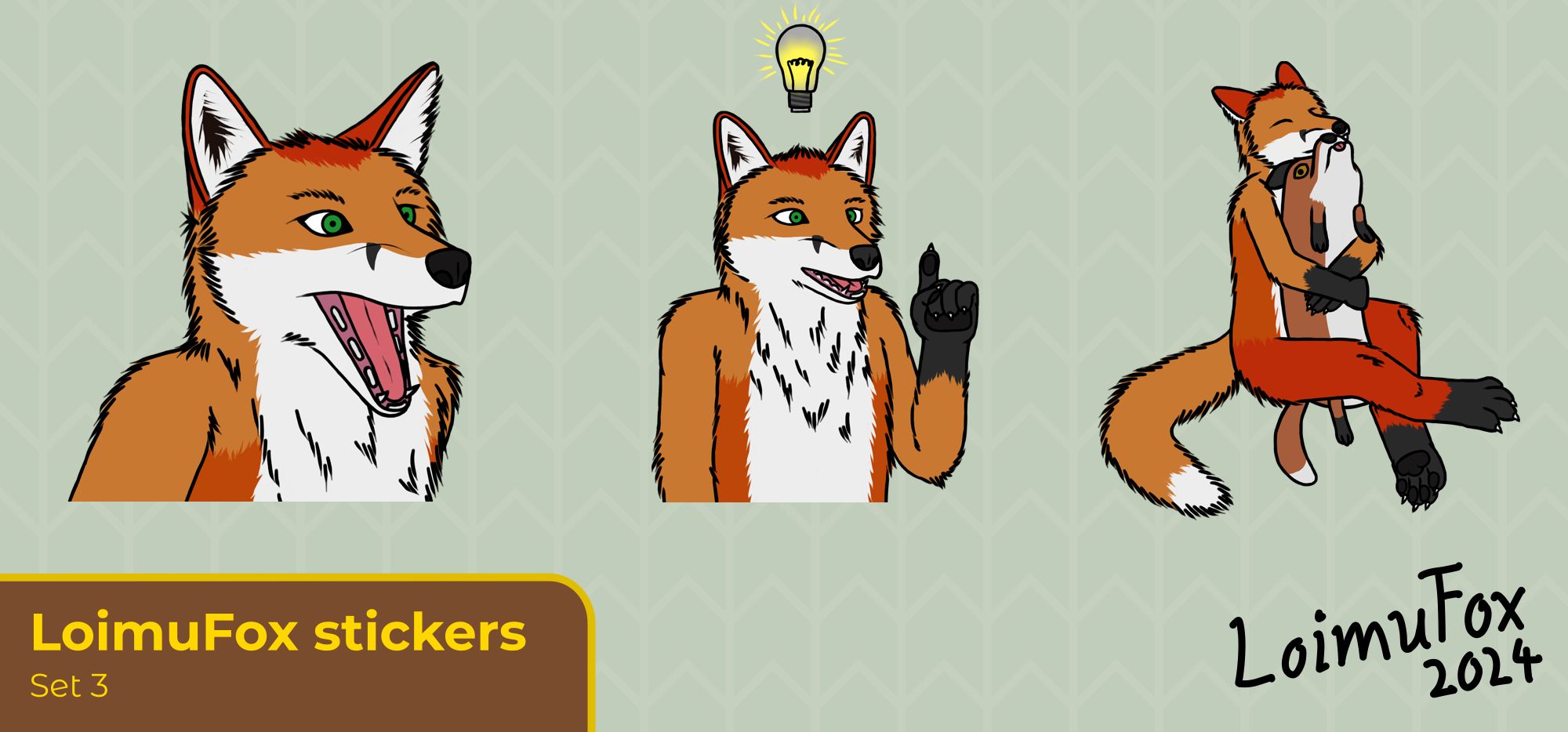 A new collection of three Loimu The Fox stickers. From left to right: Pog face, Loimu pointing up with a floating lightbulb over him and Loimu hugging a big cartoony fox plushie.