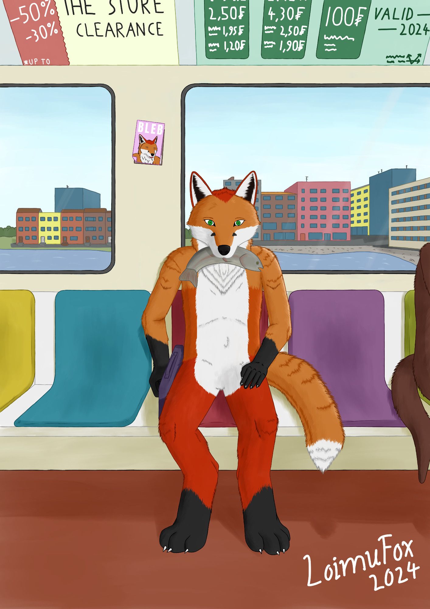 Digital drawing of an anthropomorphic fox carrying a fish in his mouth while sitting in what looks like a metro carriage. An urban landscape with a body of water between the train and the buildings can be seen from the metro windows.