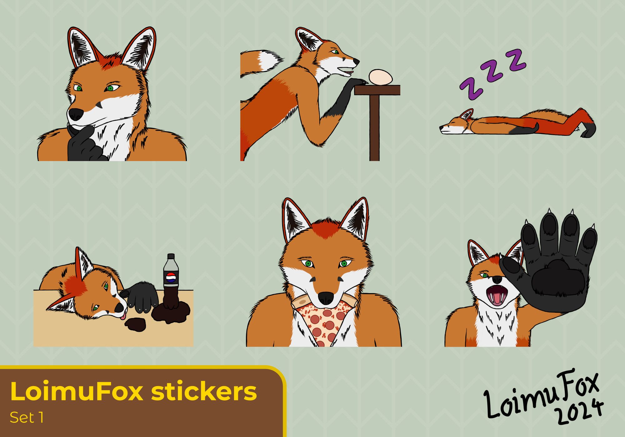 A collection of 6 Loimu The Fox stickers. In order: Loimu looking thoughtful, Loimu about to grab an egg from a table, Loimu fallen asleep on the ground on his stomach, Loimu looking semi-passed out with a soda bottle on the table, Loimu holding a slice of pizza in his maw and Loimu holding forward his hand-paw looking like he's stopping something.