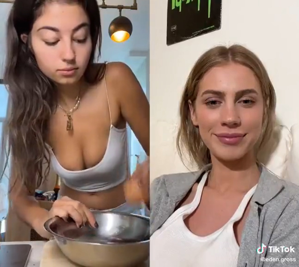 screenshot of a popular tiktok of a split screen showing a dark-haired young woman preparing breakfast while wearing a low-cut camisole that shows off her cleavage, and a blonde young woman smiling whenever cleavage is shown, but frowning whenever the camera cuts to just the food prep